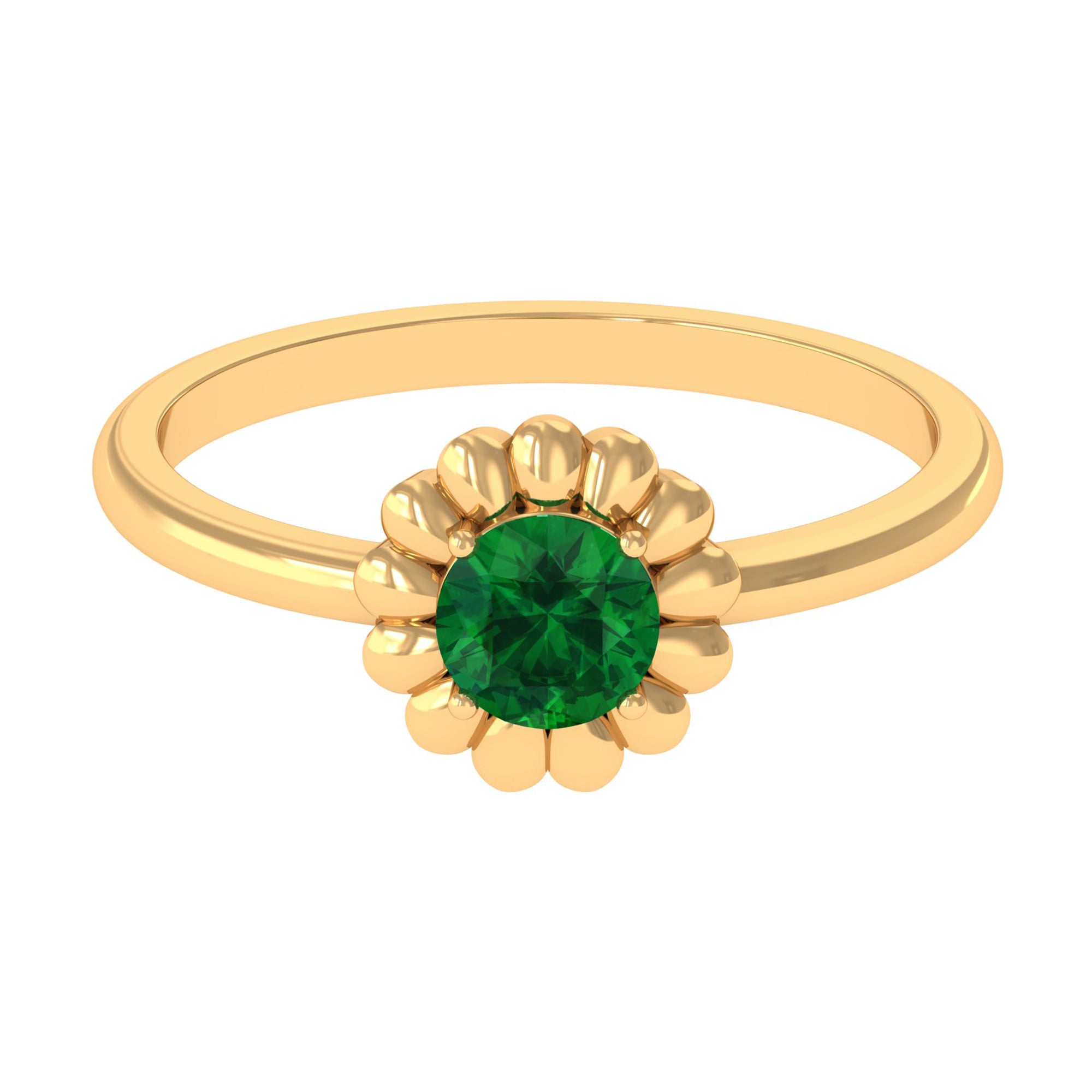 5 MM Round Lab Created Emerald Gold Floral Solitaire Ring in Prong Setting Lab Created Emerald - ( AAAA ) - Quality - Rosec Jewels