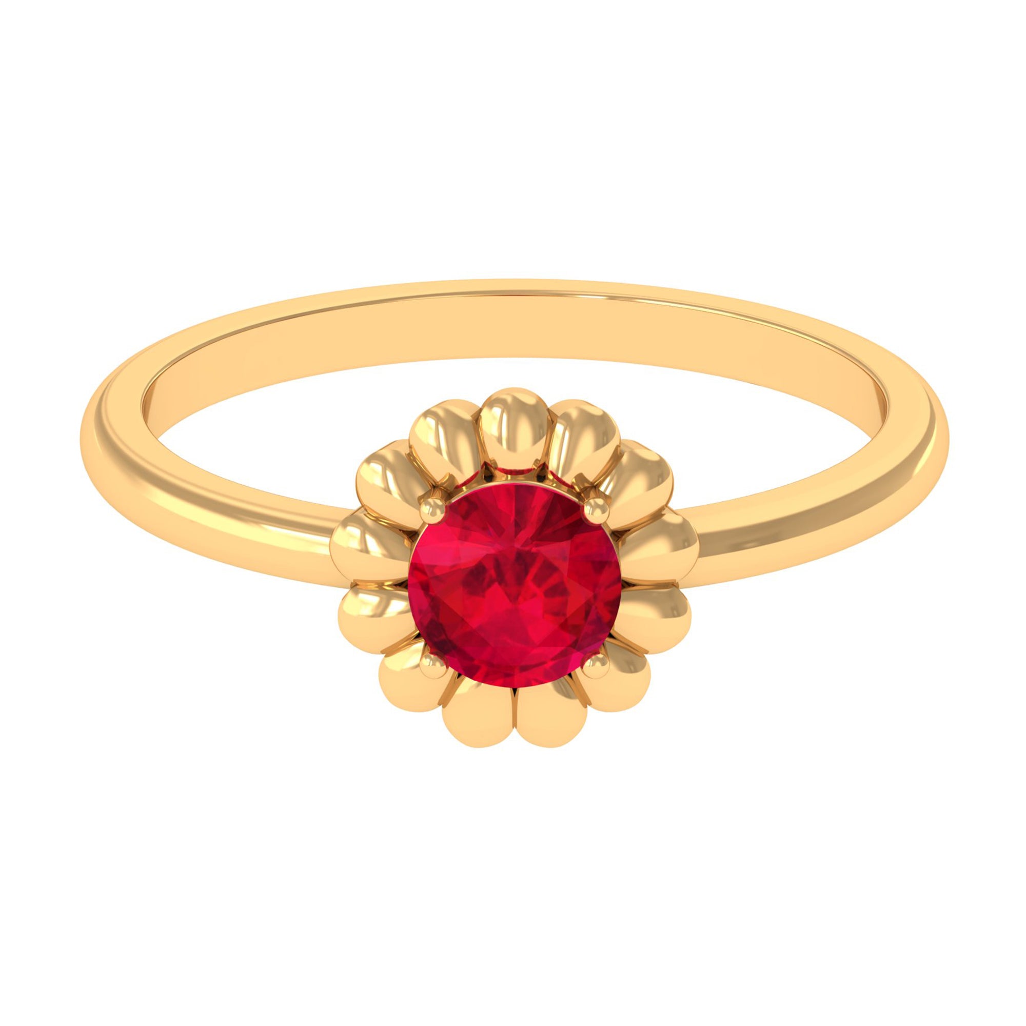 5 MM Round Lab Created Ruby Solitaire Gold Flower Ring Lab Created Ruby - ( AAAA ) - Quality - Rosec Jewels