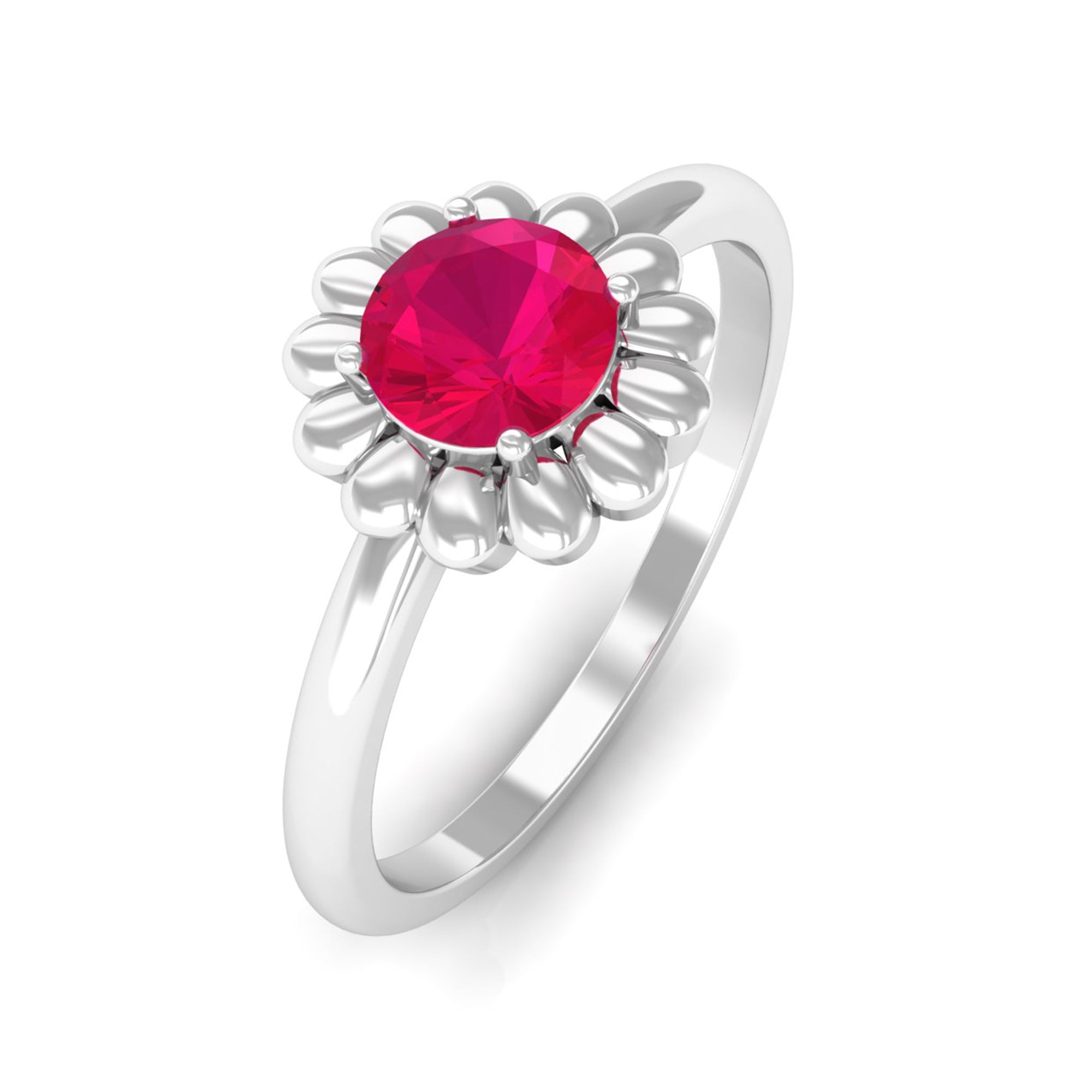 3/4 CT Round Cut Solitaire Ruby Gold Flower Ring Ruby - ( AAA ) - Quality - Rosec Jewels