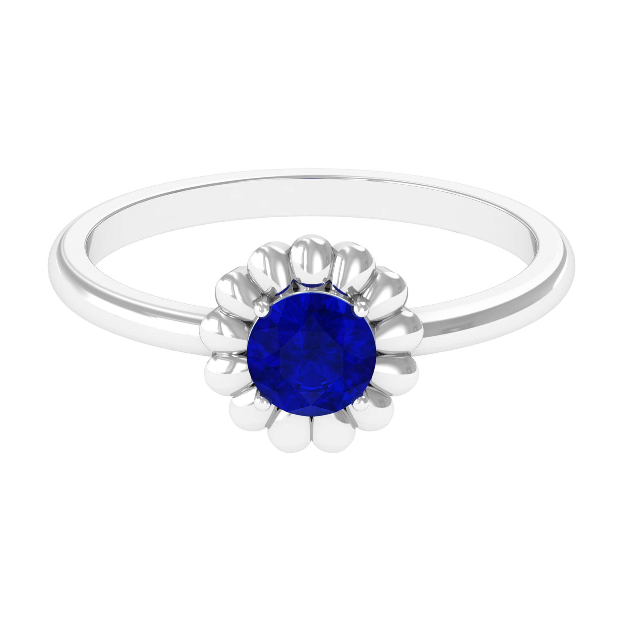 5 MM Round Lab Created Blue Sapphire Gold Floral Solitaire Ring in Prong Setting Lab Created Blue Sapphire - ( AAAA ) - Quality - Rosec Jewels