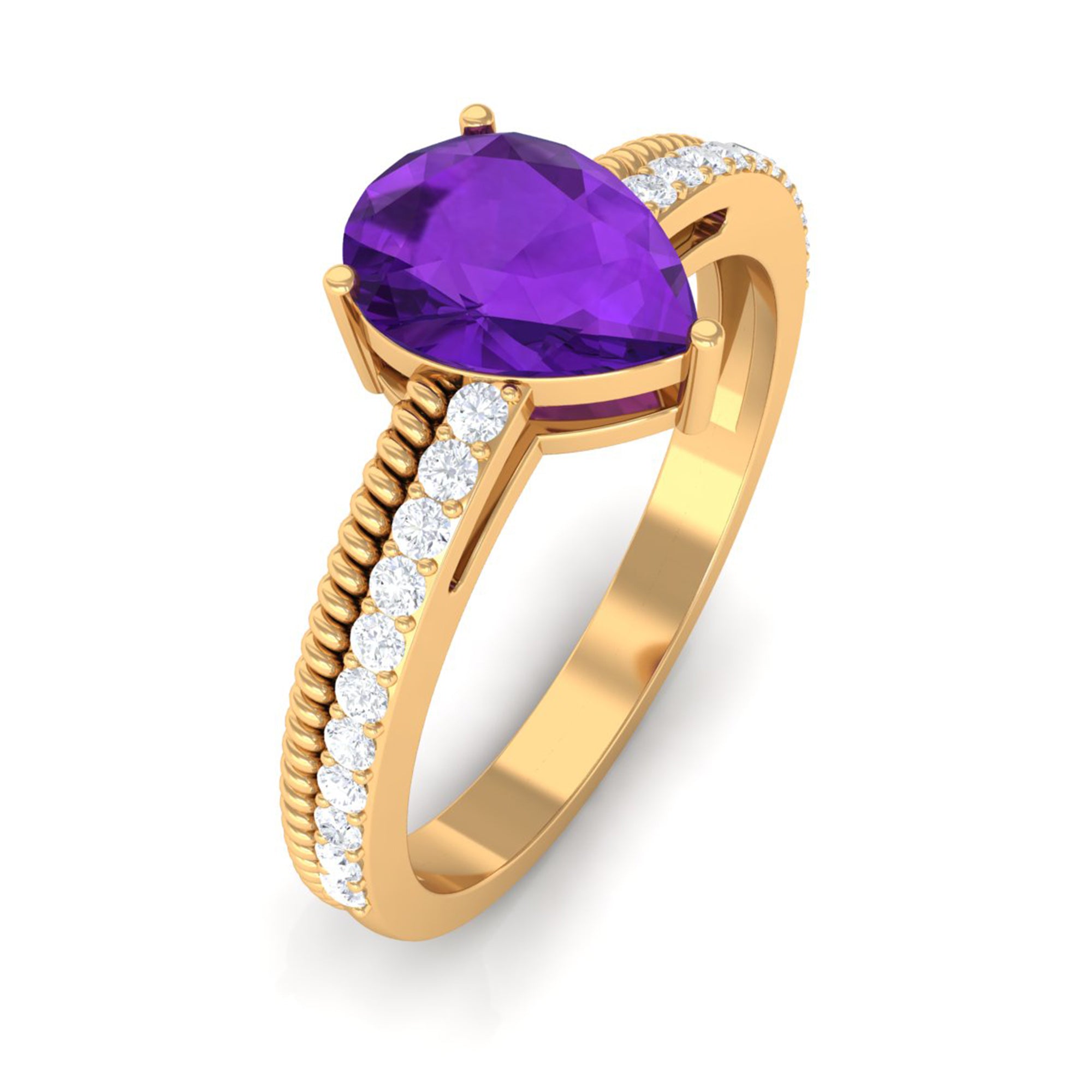 Pear Shaped Amethyst and Diamond Solitaire Ring with Twisted Rope Amethyst - ( AAA ) - Quality - Rosec Jewels