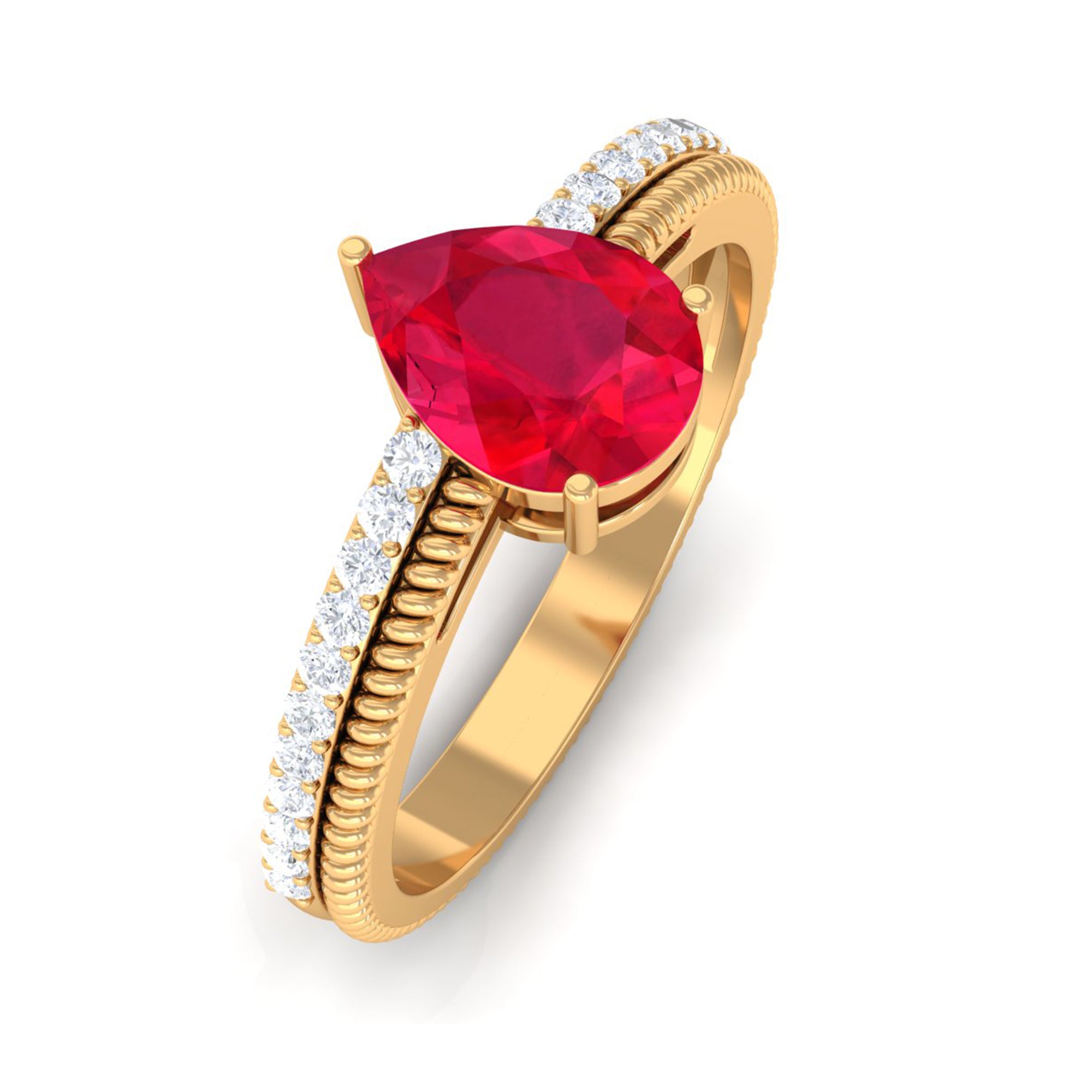 Pear Shape Lab Grown Ruby and Diamond Solitaire Ring with Twisted Rope Lab Created Ruby - ( AAAA ) - Quality - Rosec Jewels