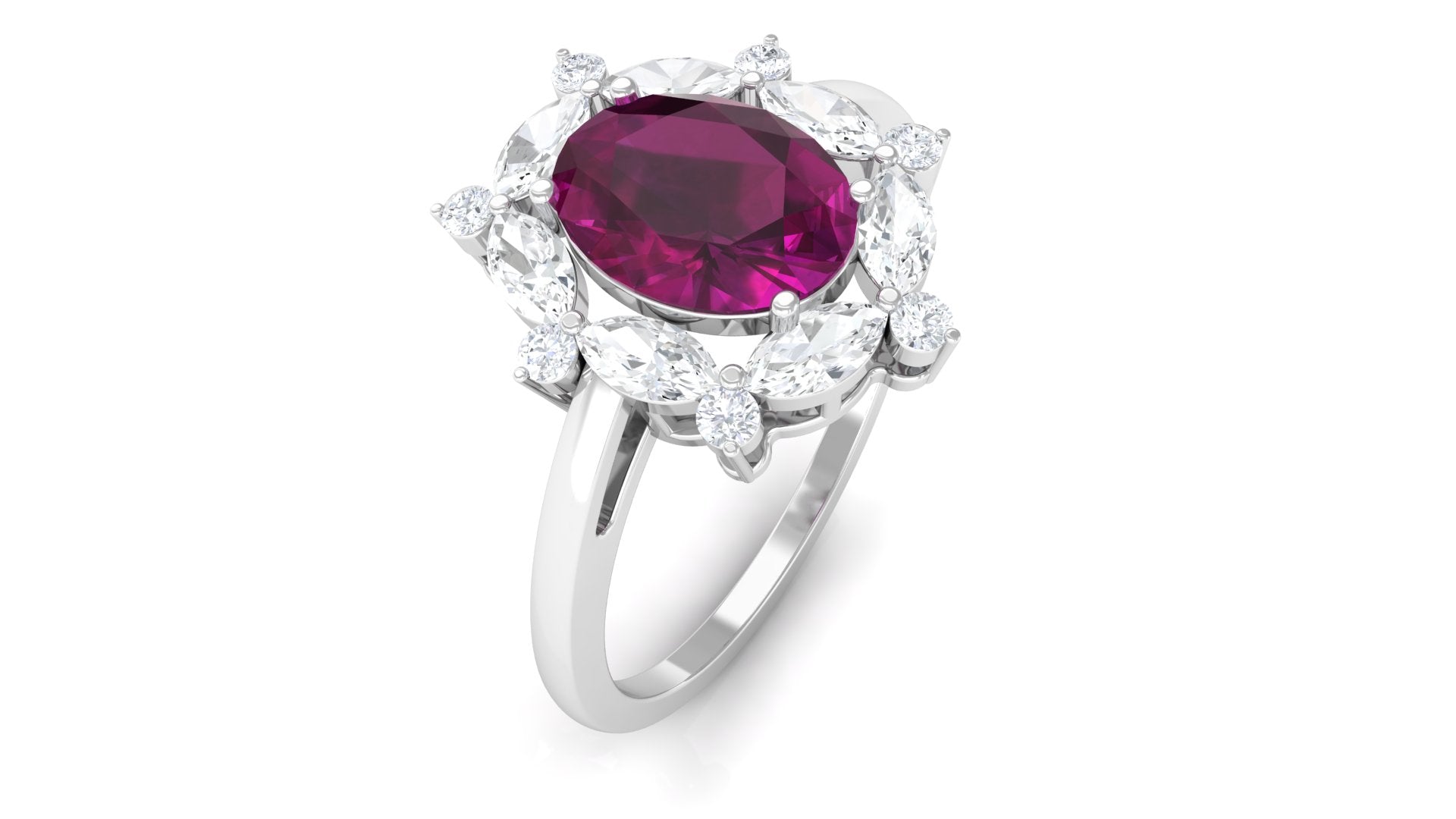 Rhodolite Designer Halo Engagement Ring with Moissanite Rhodolite - ( AAA ) - Quality - Rosec Jewels