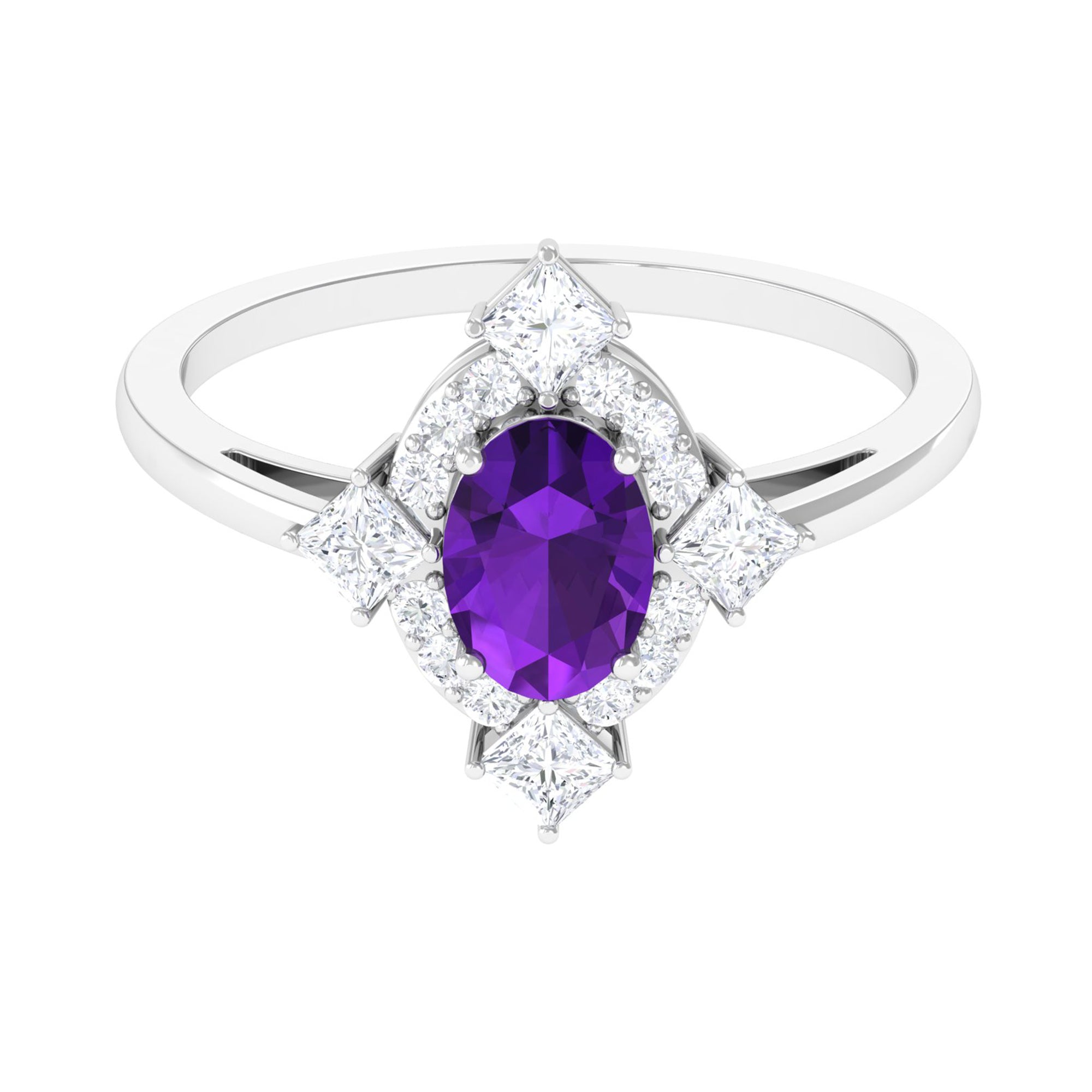 Oval Amethyst Halo Cocktail Ring with Diamond Amethyst - ( AAA ) - Quality - Rosec Jewels