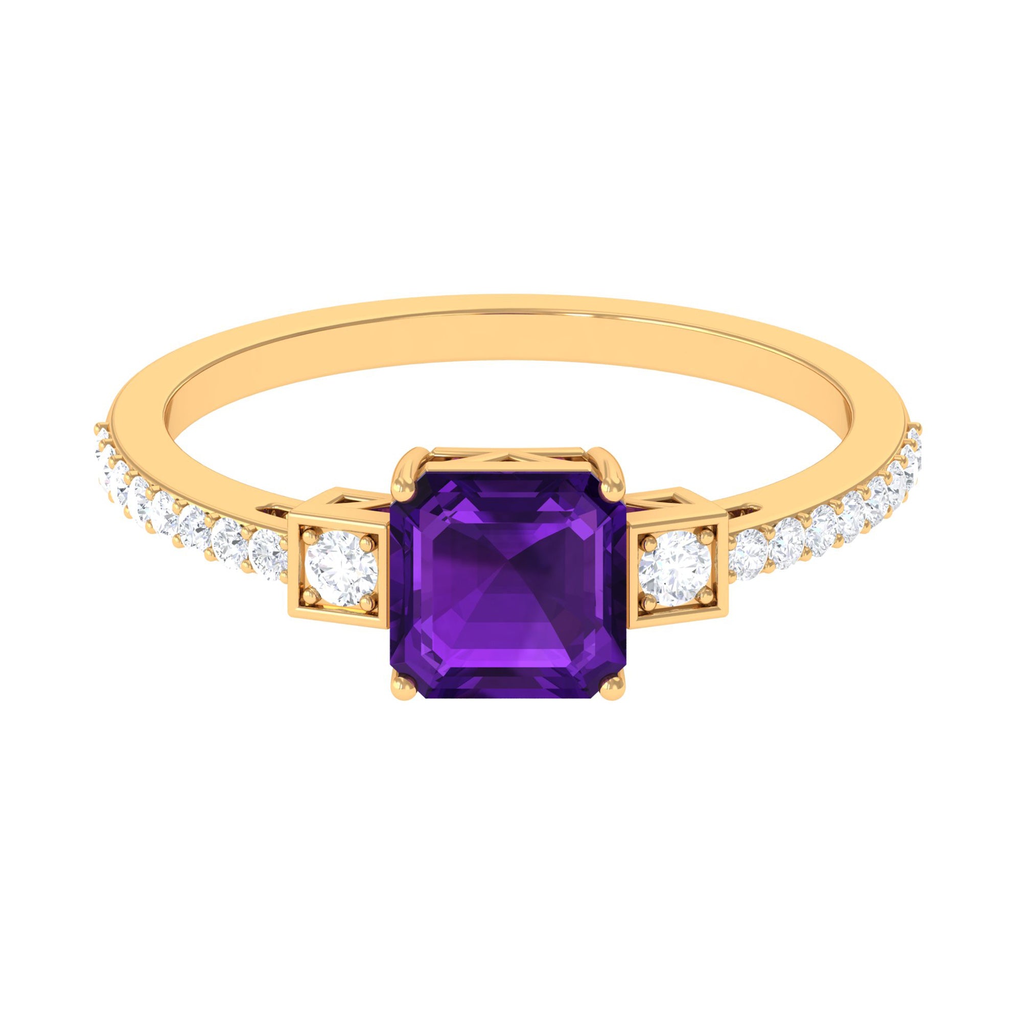 Asscher Cut Amethyst Solitaire Engagement Ring with Diamond Amethyst - ( AAA ) - Quality - Rosec Jewels