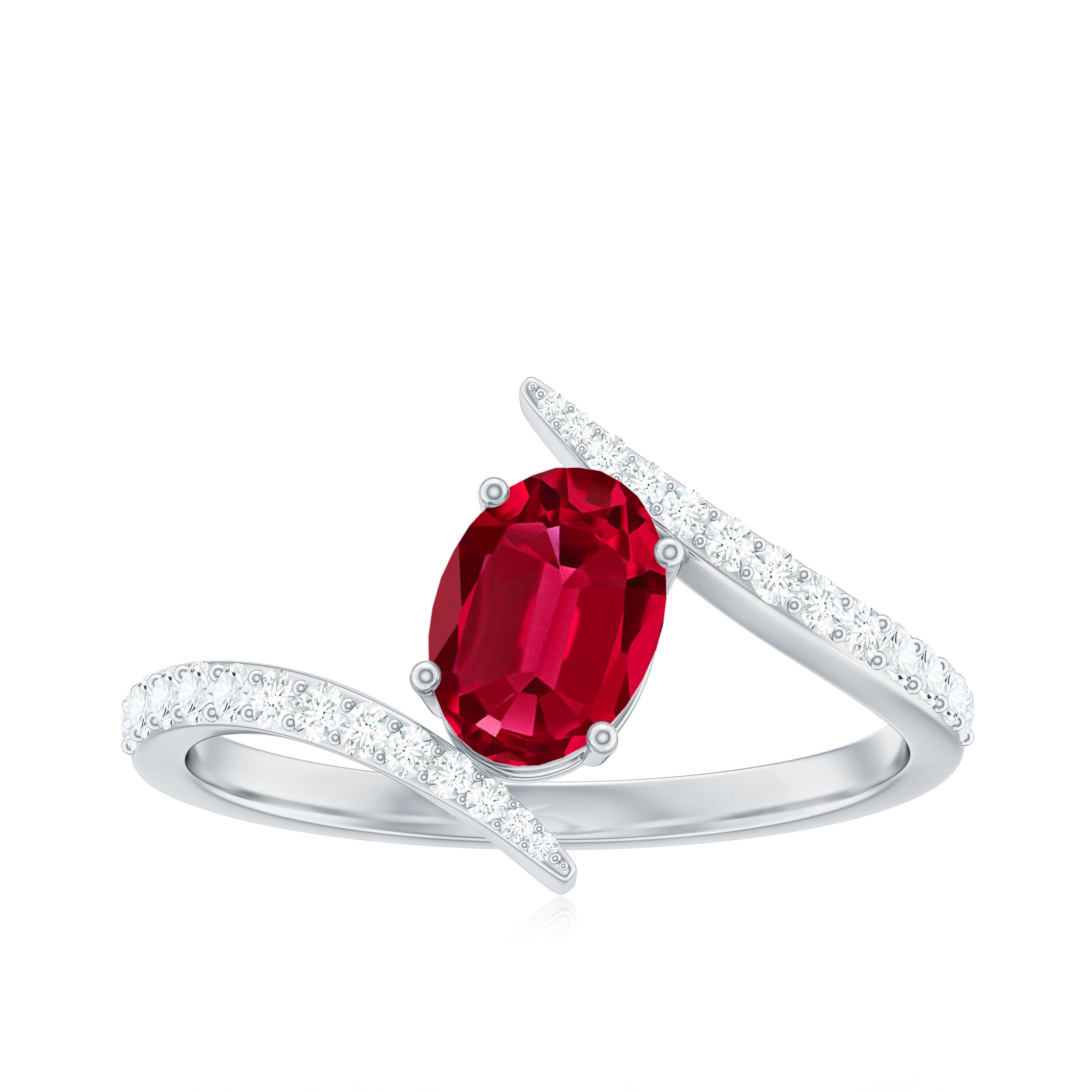 1.5 CT Oval Lab Created Ruby Solitaire Bypass Ring with Diamond Lab Created Ruby - ( AAAA ) - Quality - Rosec Jewels