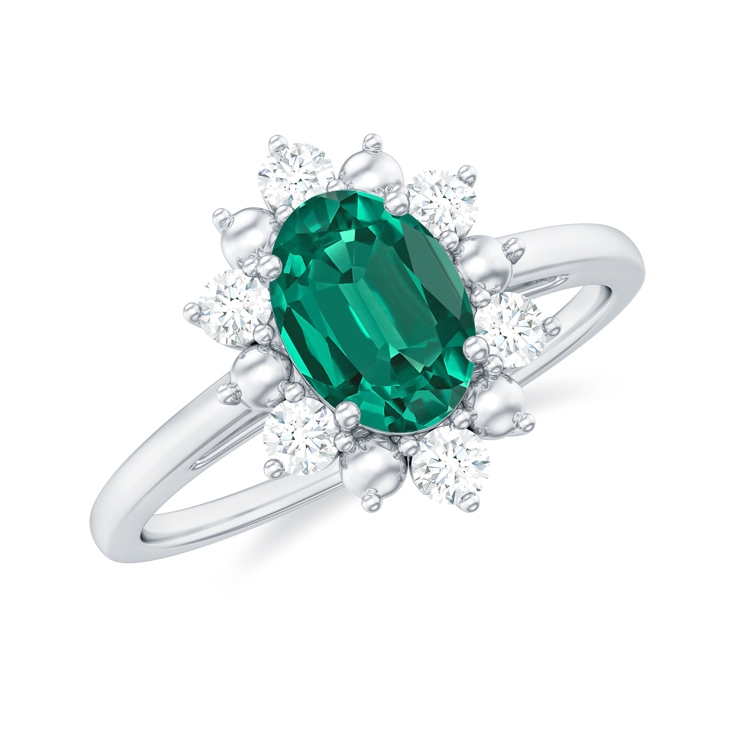 Oval Created Emerald Floral Halo Engagement Ring with Diamond Lab Created Emerald - ( AAAA ) - Quality - Rosec Jewels
