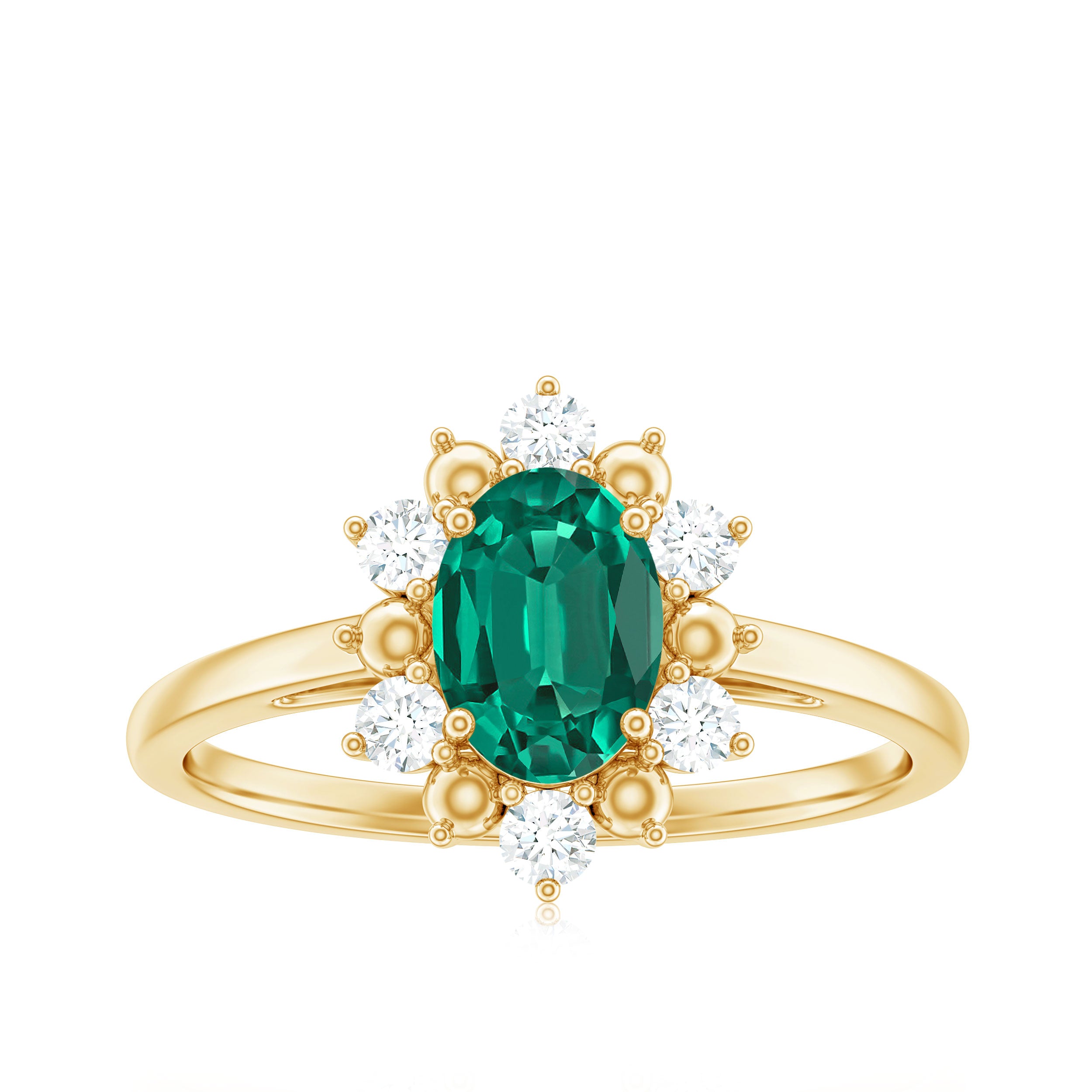 Oval Created Emerald Floral Halo Engagement Ring with Diamond Lab Created Emerald - ( AAAA ) - Quality - Rosec Jewels