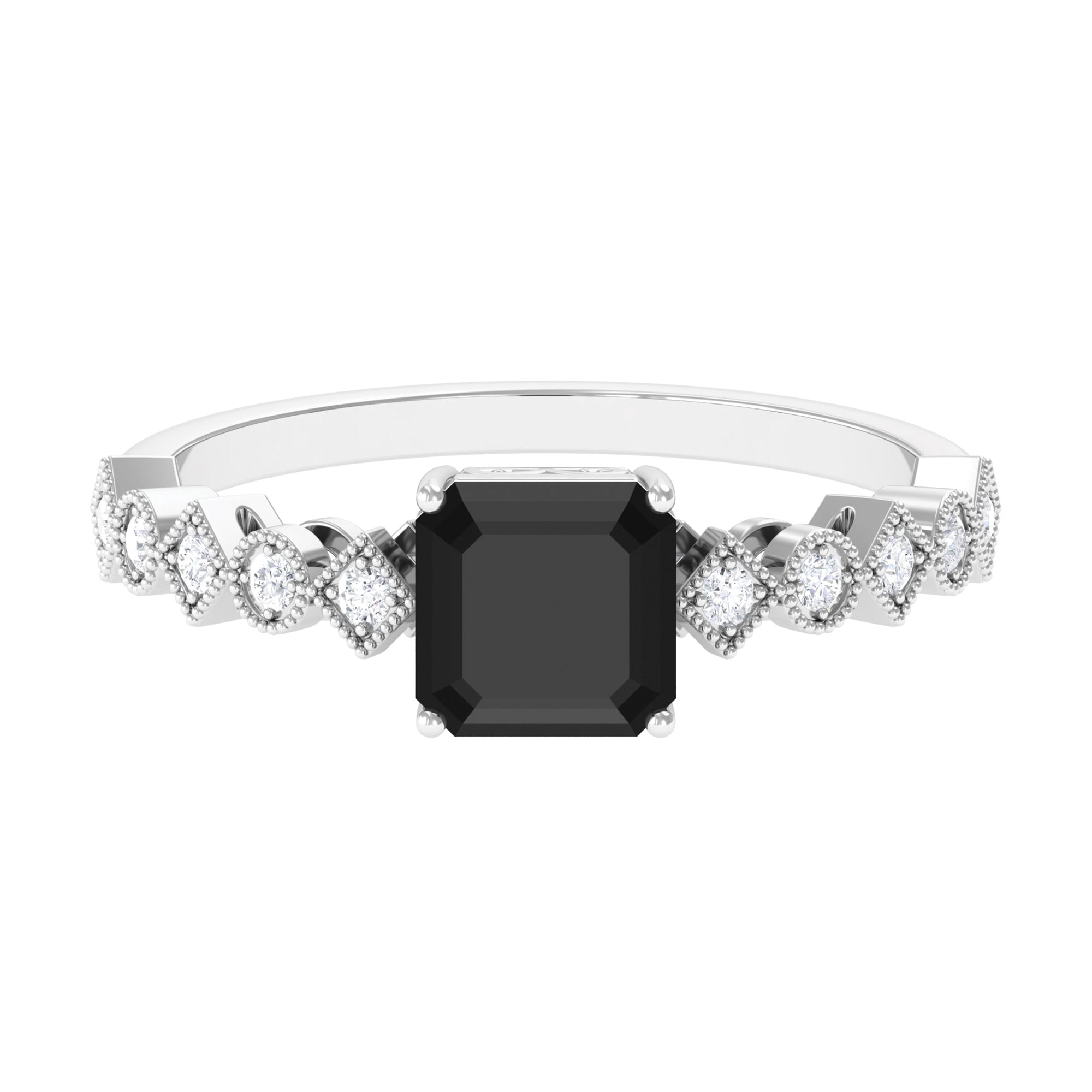 Asscher Cut Created Black Diamond Solitaire Engagement Ring with Diamond Lab Created Black Diamond - ( AAAA ) - Quality - Rosec Jewels