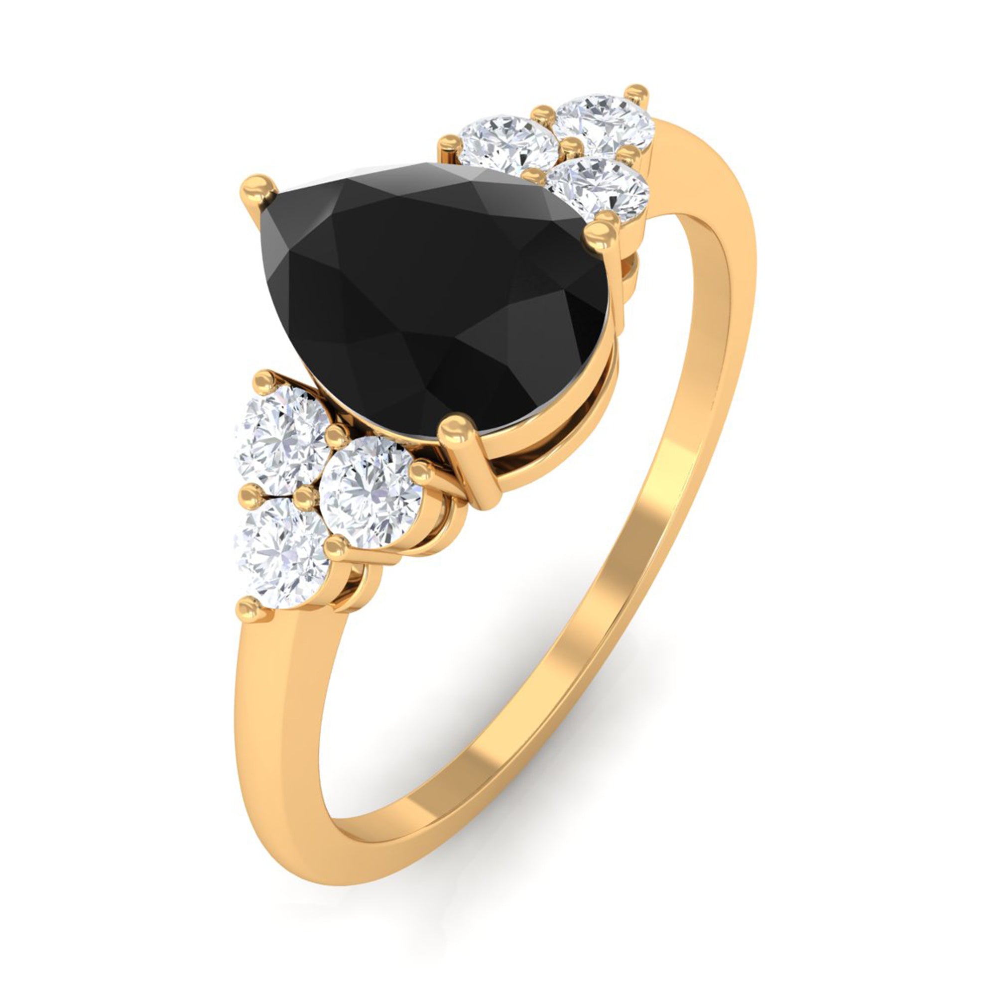 Pear Cut Created Black Diamond Solitaire Ring with Diamond Trio Lab Created Black Diamond - ( AAAA ) - Quality - Rosec Jewels