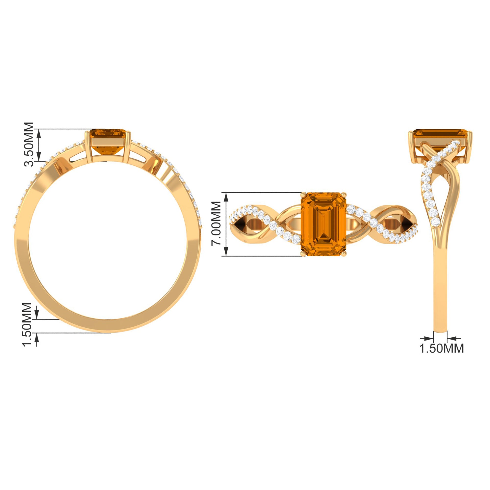 Emerald Cut Citrine and Diamond Crossover Engagement Ring Citrine - ( AAA ) - Quality - Rosec Jewels