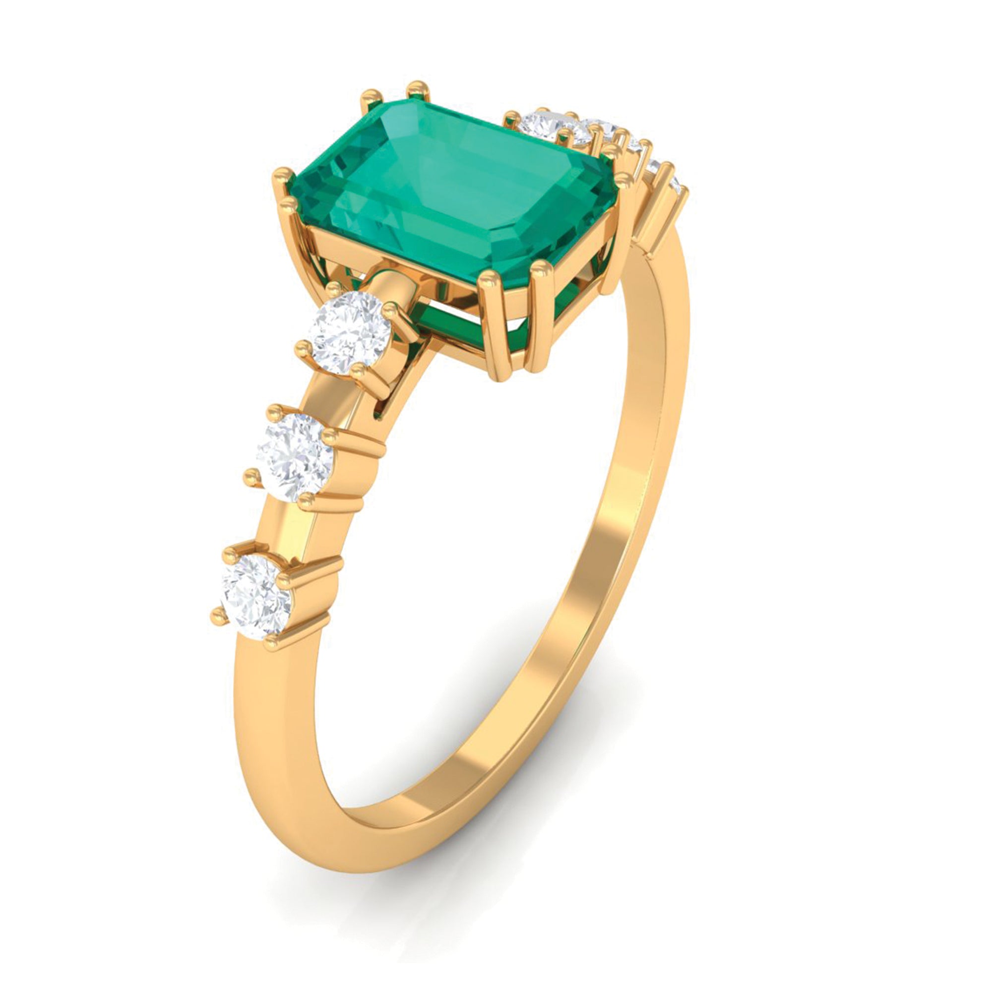 1.5 CT Octagon shape Emerald Engagement Ring with Diamond Side Stones Emerald - ( AAA ) - Quality - Rosec Jewels