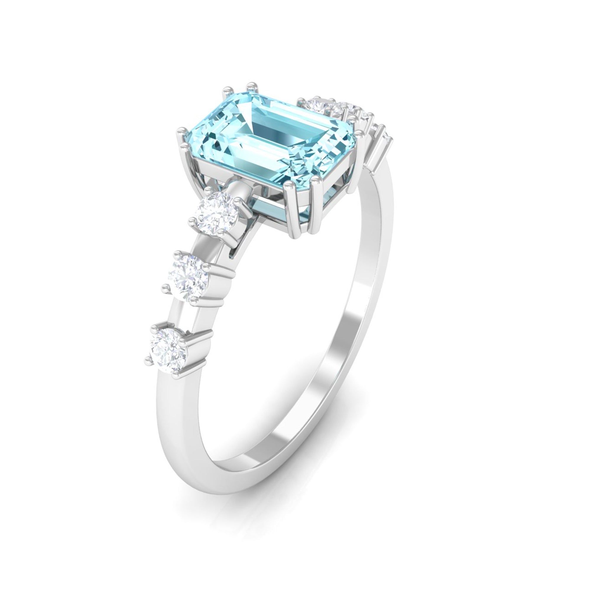 Emerald Cut Aquamarine Solitaire Engagement Ring with Diamond Aquamarine - ( AAA ) - Quality - Rosec Jewels