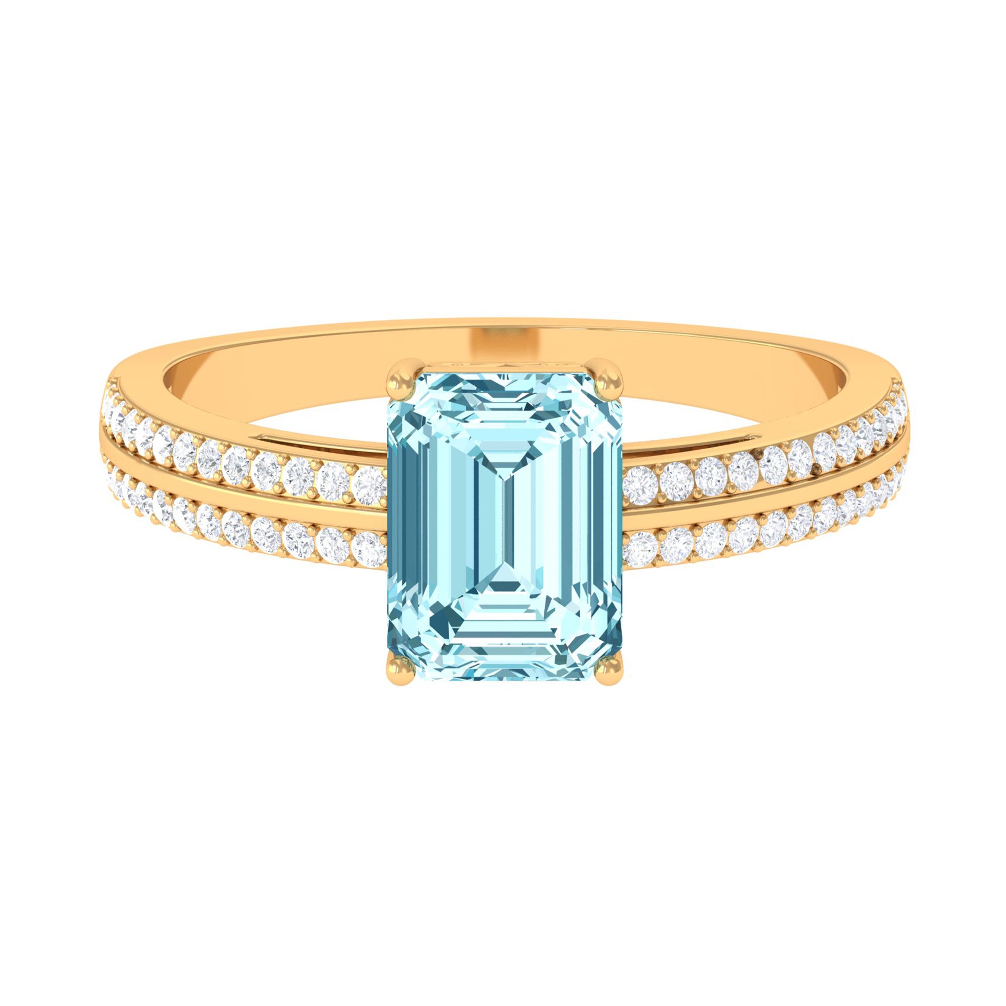 Emerald Cut Aquamarine and Diamond Solitaire Engagement Ring Aquamarine - ( AAA ) - Quality - Rosec Jewels