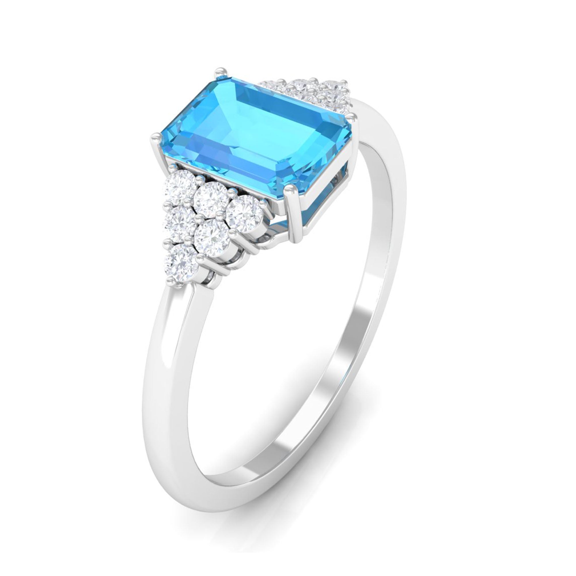 Emerald Cut Swiss Blue Topaz Solitaire Engagement Ring with Diamond Swiss Blue Topaz - ( AAA ) - Quality - Rosec Jewels