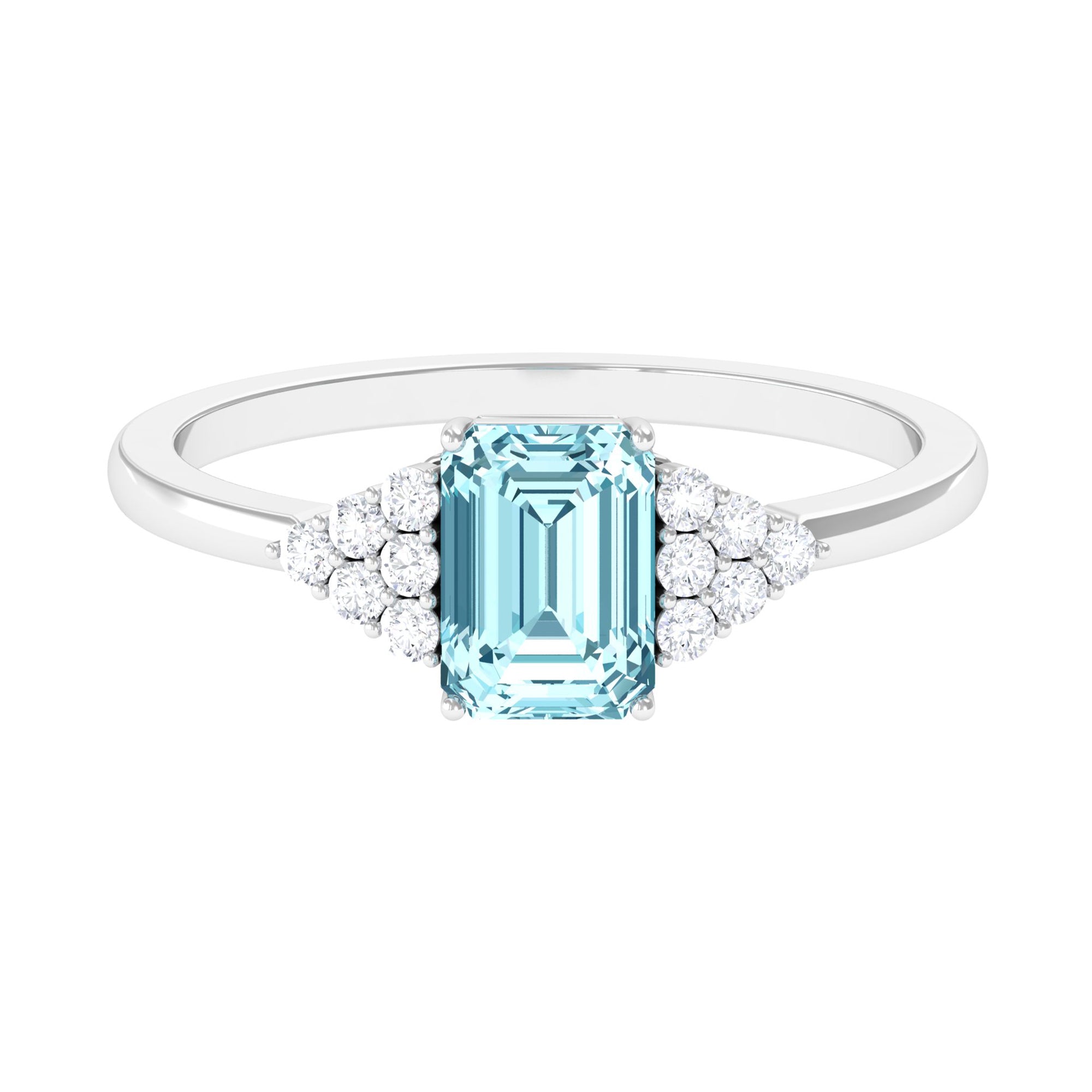 Octagon Cut Aquamarine Solitaire Engagement Ring with Diamond Aquamarine - ( AAA ) - Quality - Rosec Jewels