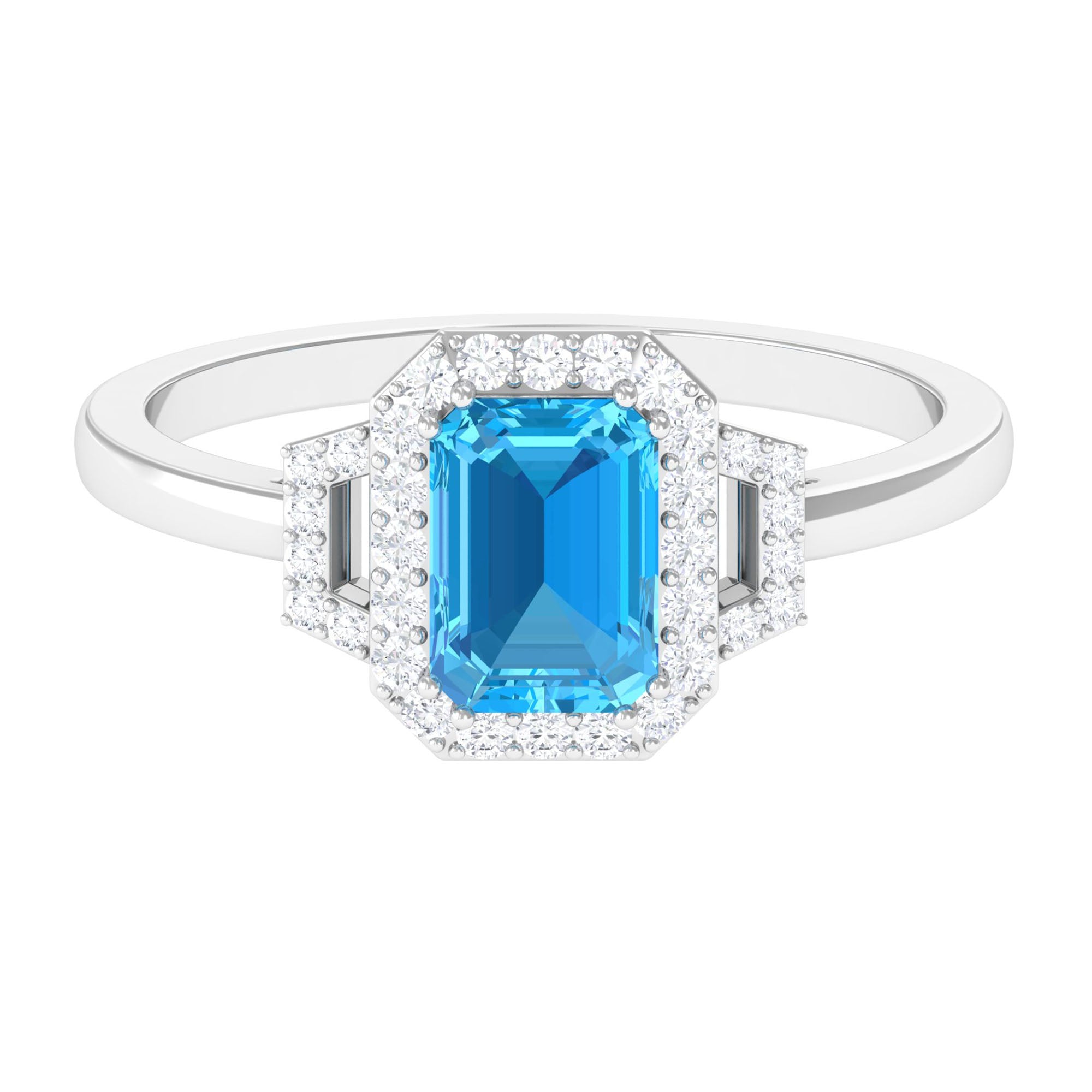 Emerald Cut Swiss Blue Topaz and Diamond Statement Engagement Ring Swiss Blue Topaz - ( AAA ) - Quality - Rosec Jewels