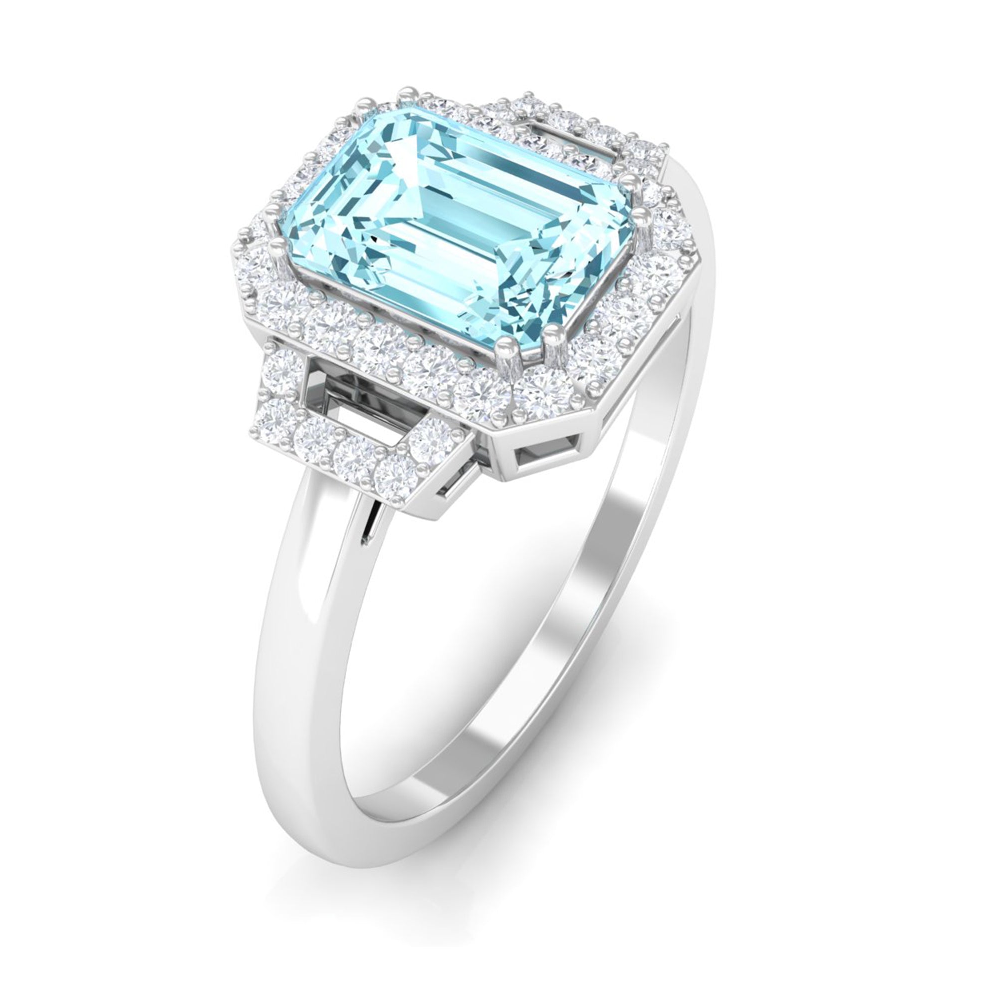 Octagon Aquamarine Statement Engagement Ring with Diamond Aquamarine - ( AAA ) - Quality - Rosec Jewels