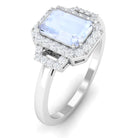 Emerald Cut Moonstone Halo Engagement Ring with Diamond Moonstone - ( AAA ) - Quality - Rosec Jewels