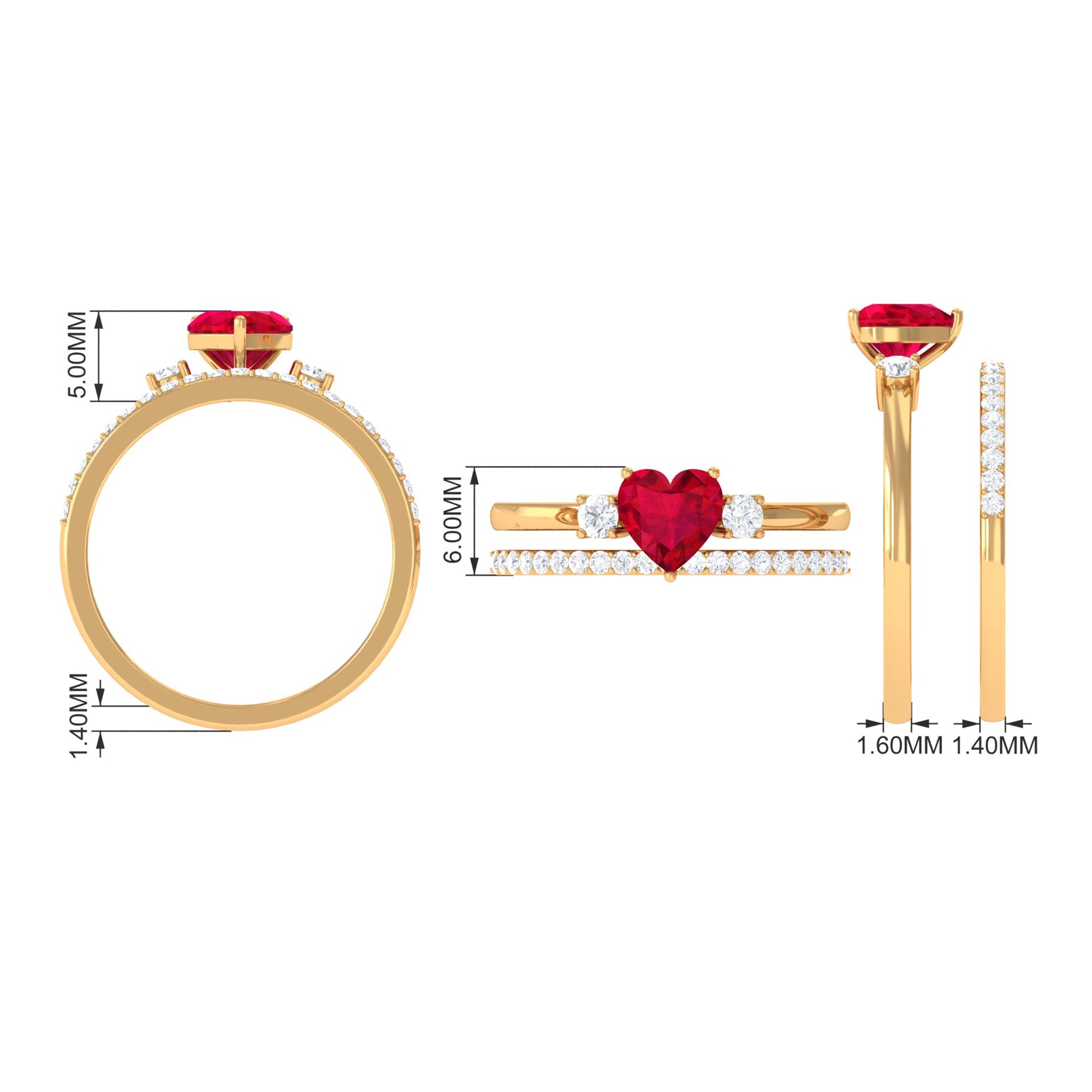 Heart Shape Created Ruby Ring Set with Diamond Enhancer Lab Created Ruby - ( AAAA ) - Quality - Rosec Jewels