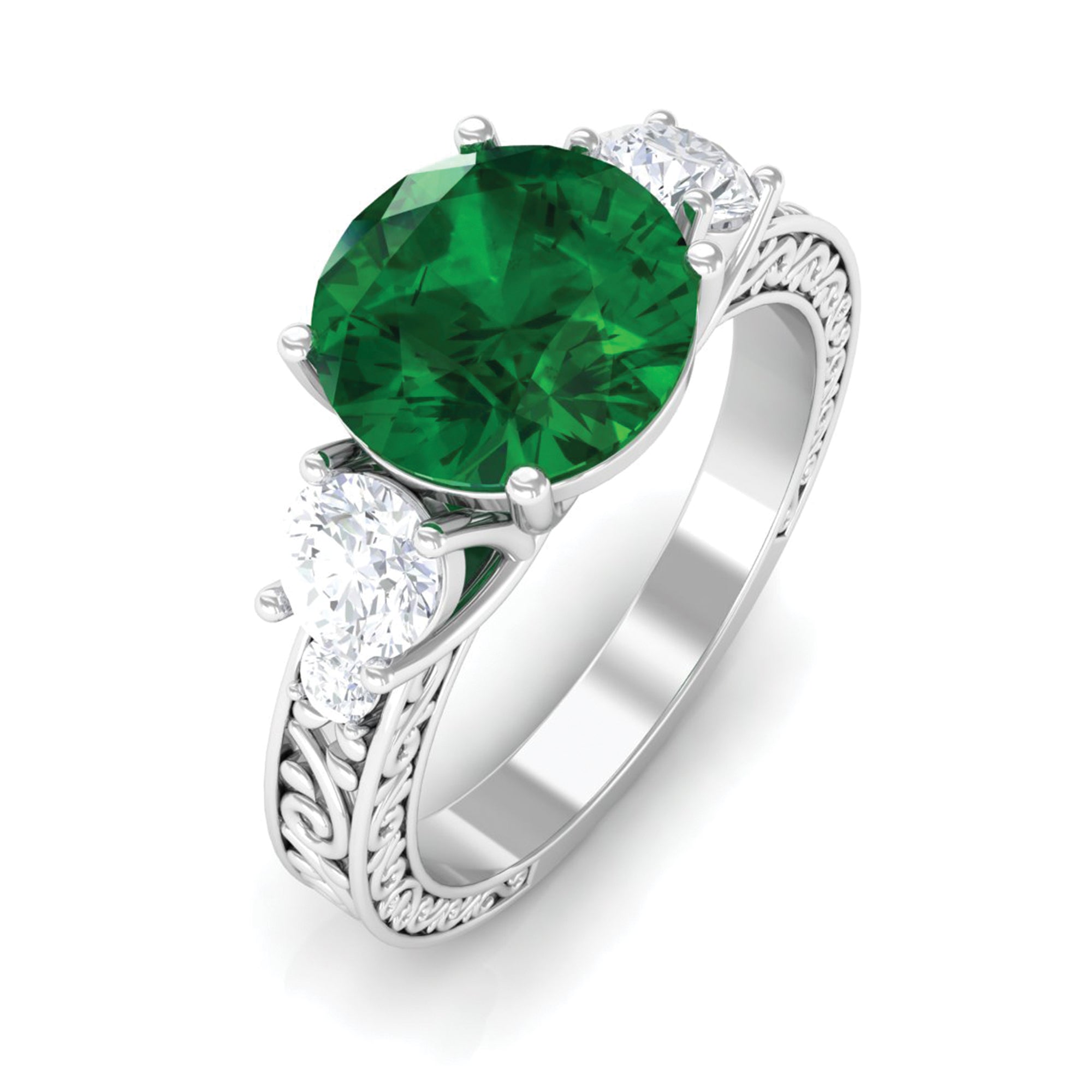 Round Created Emerald and Moissanite Art Deco Engagement Ring in Gold Lab Created Emerald - ( AAAA ) - Quality - Rosec Jewels