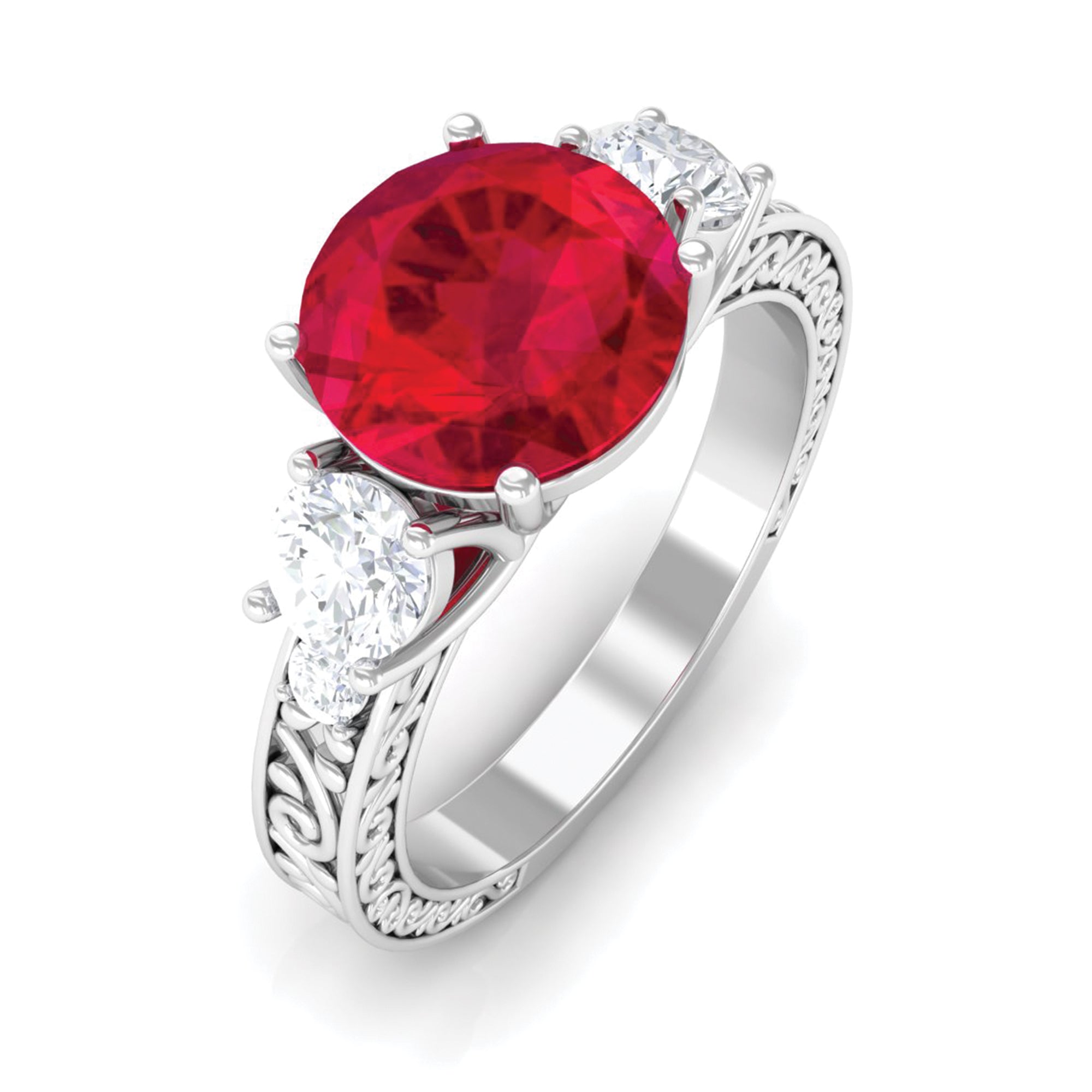 Round Created Ruby and Moissanite Art Deco Engagement Ring in Gold Lab Created Ruby - ( AAAA ) - Quality - Rosec Jewels