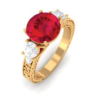 Round Created Ruby and Moissanite Art Deco Engagement Ring in Gold Lab Created Ruby - ( AAAA ) - Quality - Rosec Jewels