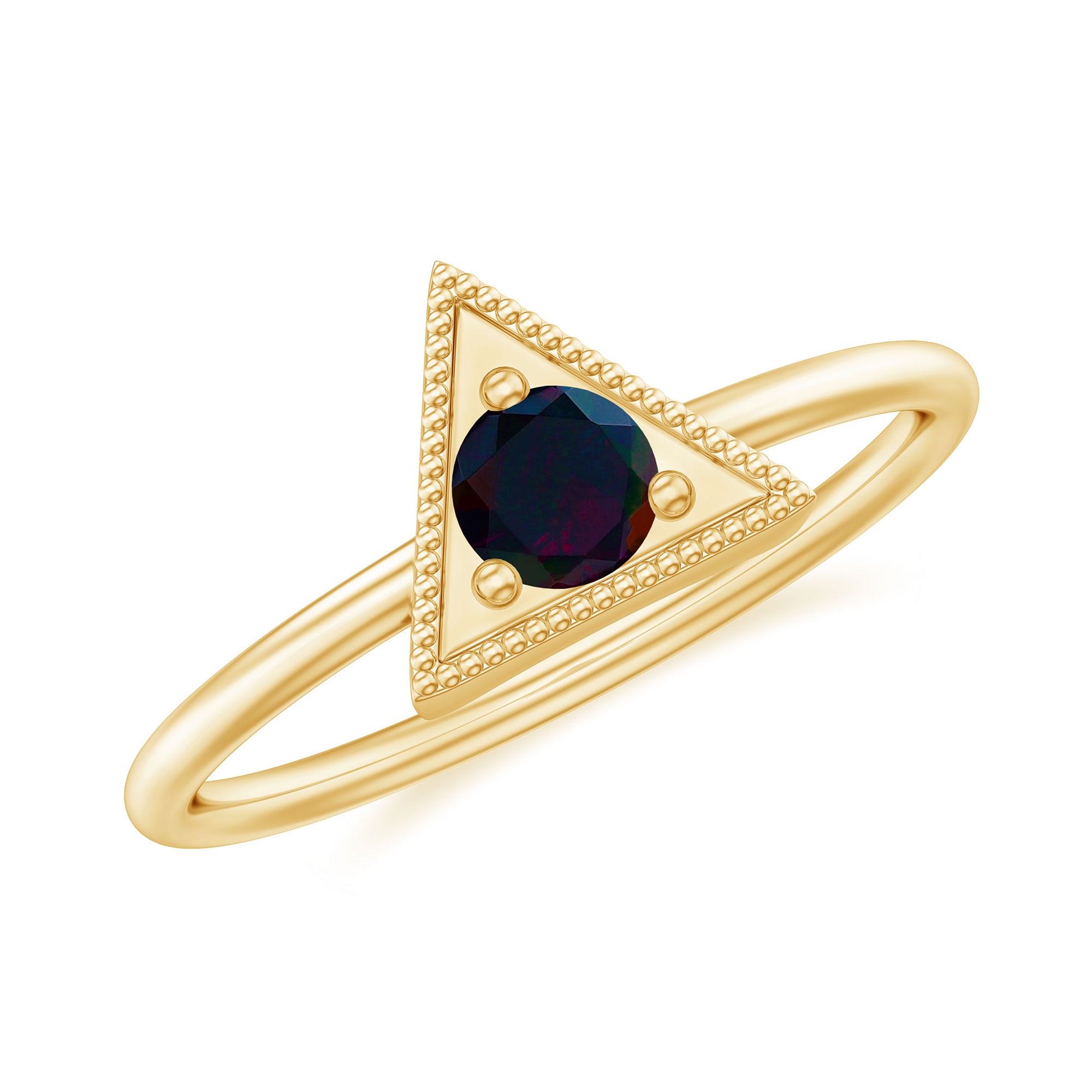 1/4 CT Round Black Opal Gold Triangle Minimal Promise Ring Black Opal - ( AAA ) - Quality - Rosec Jewels