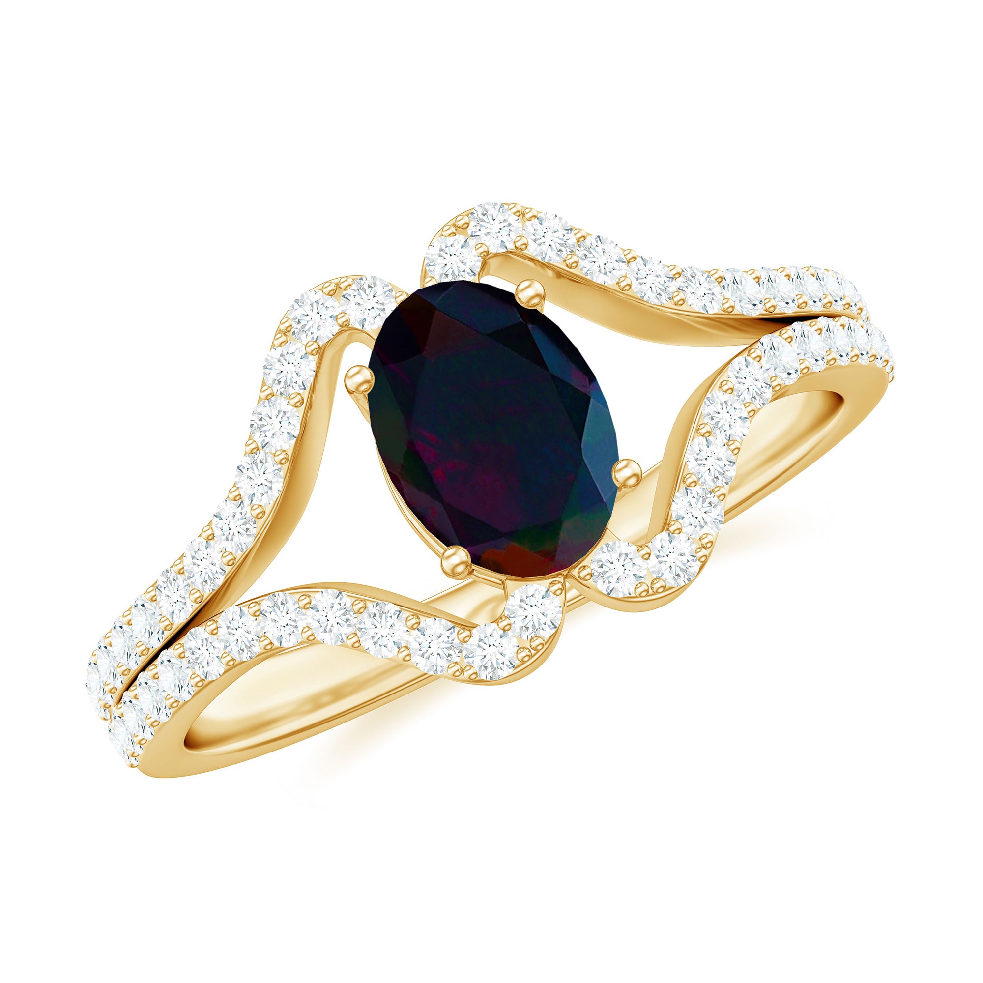 Oval Cut Black Opal and Diamond Split Shank Engagement Ring Black Opal - ( AAA ) - Quality - Rosec Jewels