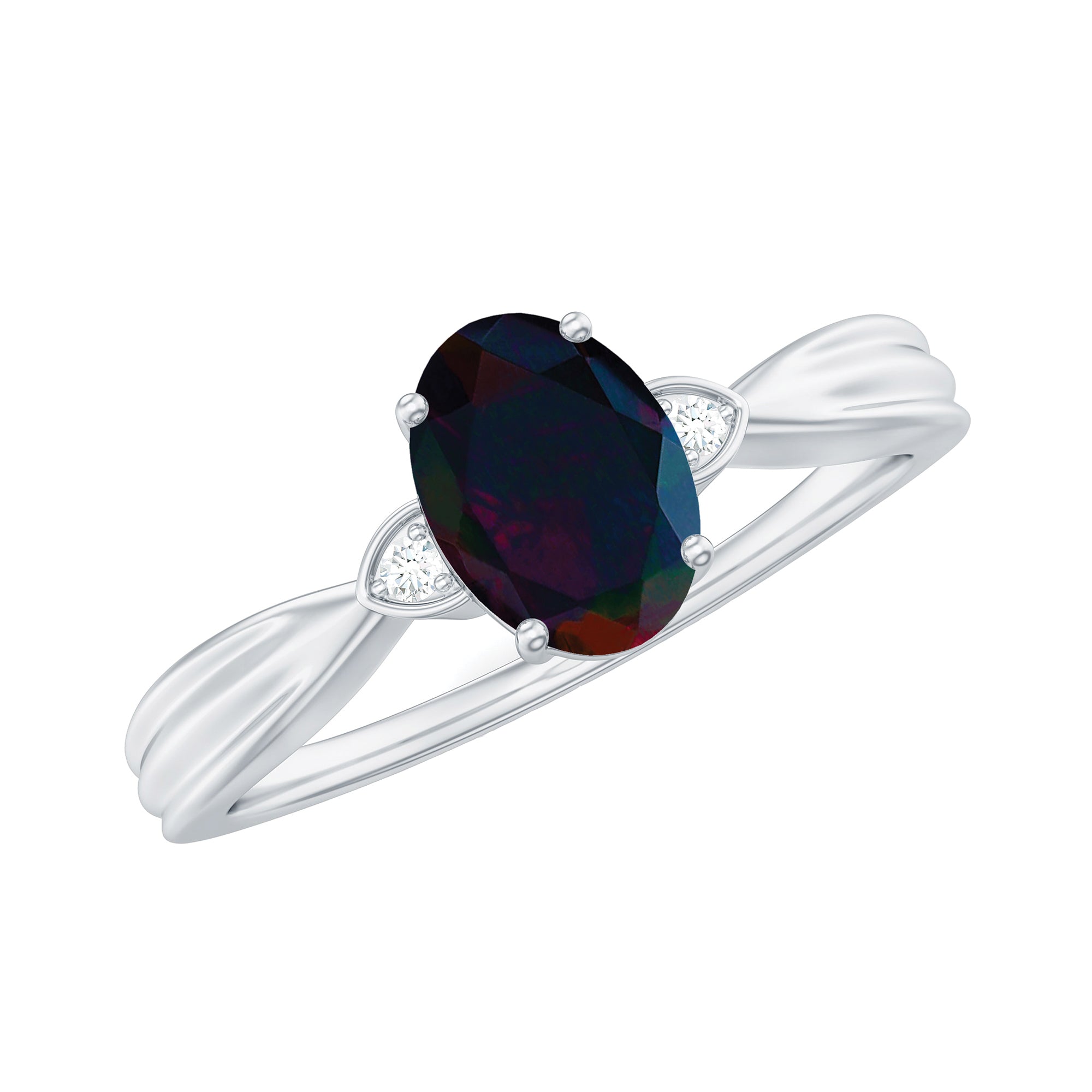 Oval Cut Real Black Opal Solitaire Ring with Diamond Black Opal - ( AAA ) - Quality - Rosec Jewels