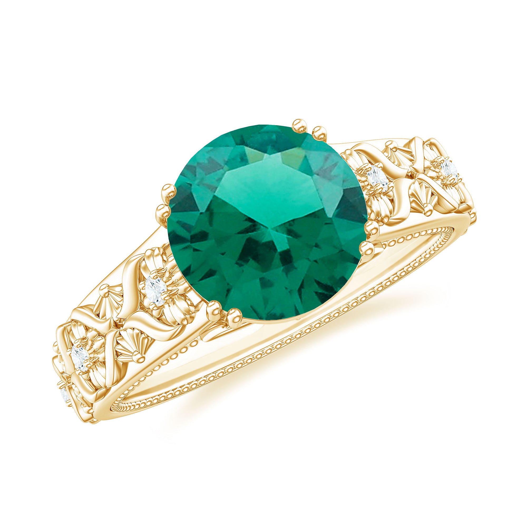 Solitaire Created Emerald Flower Engagement Ring with Diamond Lab Created Emerald - ( AAAA ) - Quality - Rosec Jewels