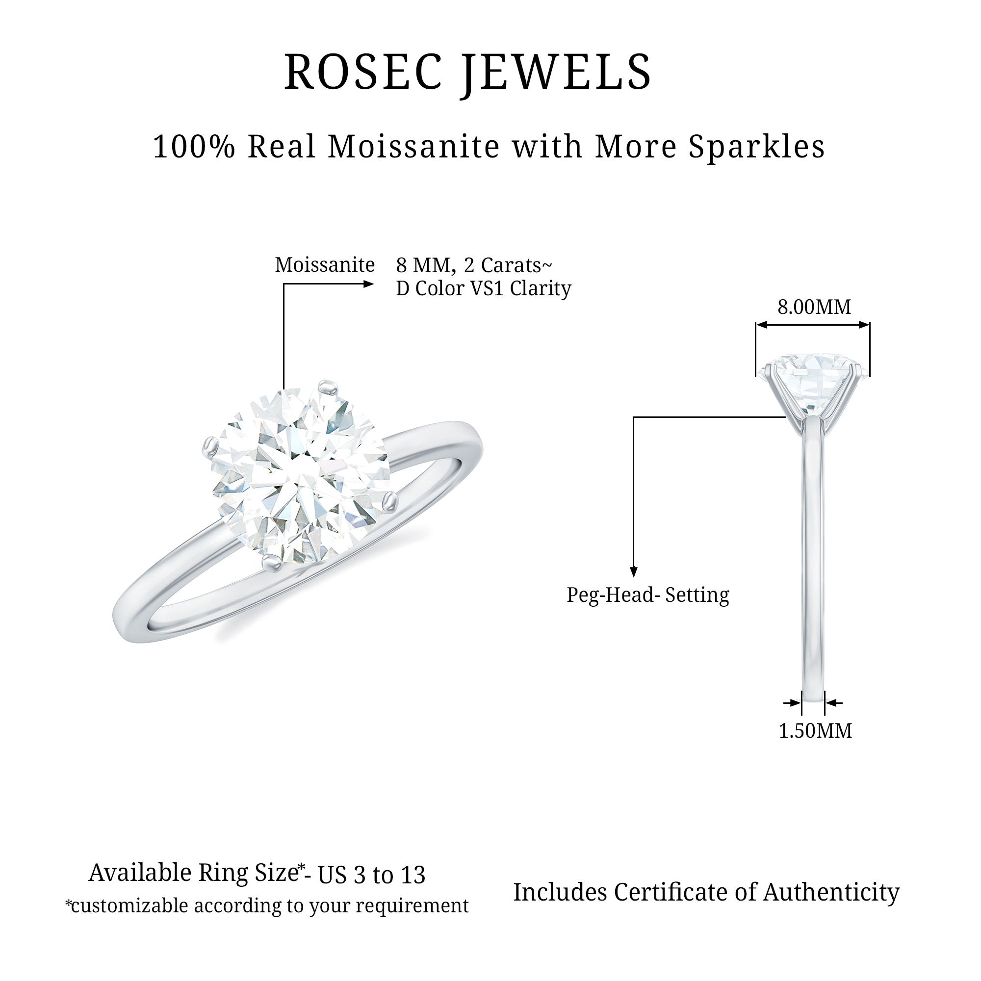 Rosec Jewels-2 CT Peg Head Moissanite Solitaire Engagement Ring