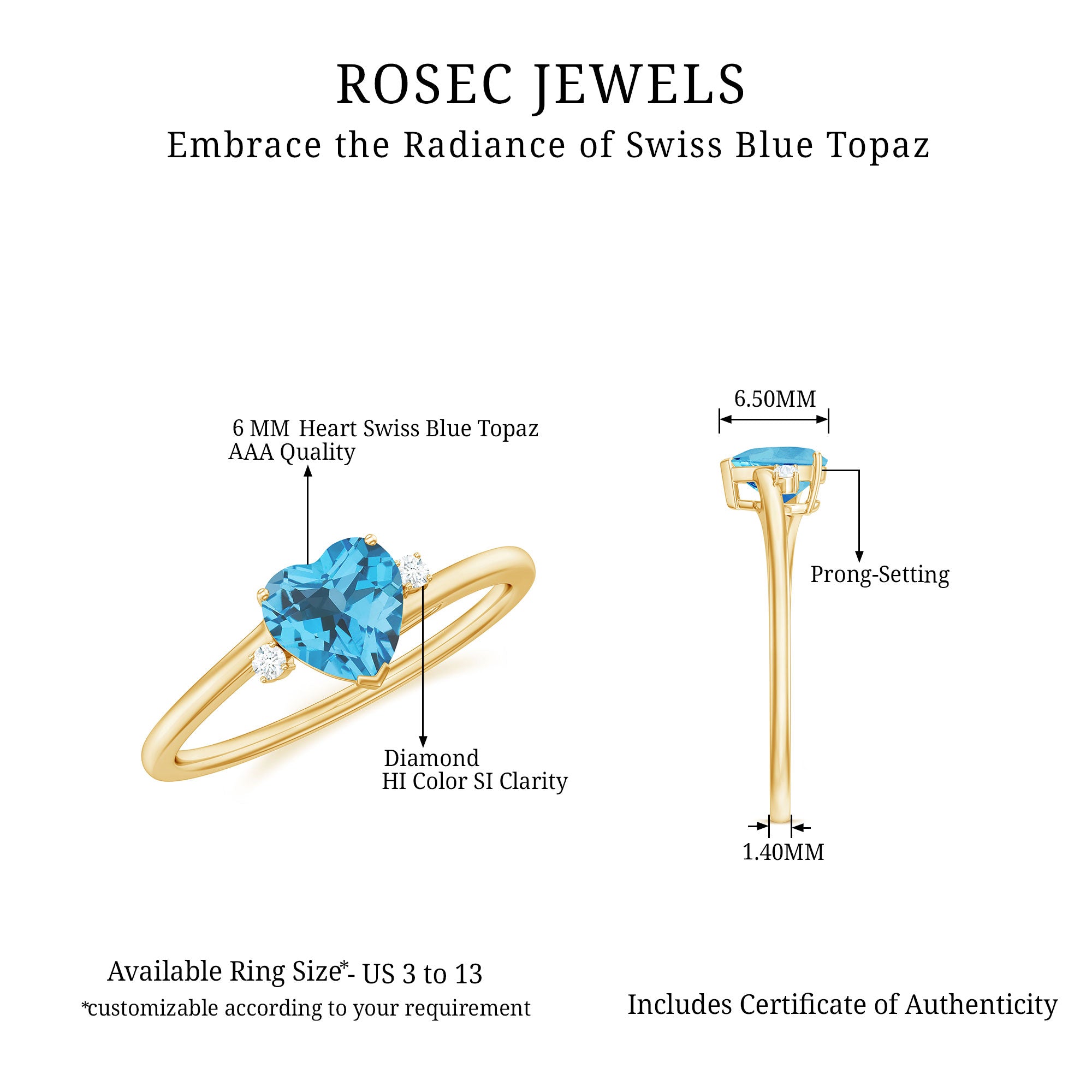 Real Swiss Blue Topaz Heart Solitaire Promise Ring with Diamond Swiss Blue Topaz - ( AAA ) - Quality - Rosec Jewels