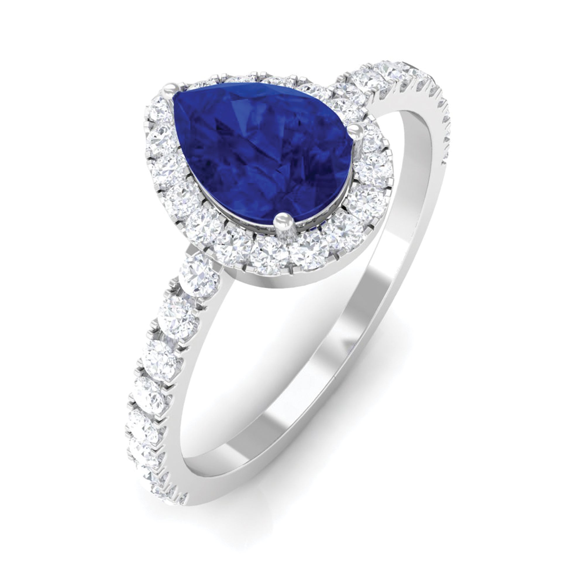 Created Blue Sapphire Teardrop Engagement Ring with Diamond Halo Lab Created Blue Sapphire - ( AAAA ) - Quality - Rosec Jewels