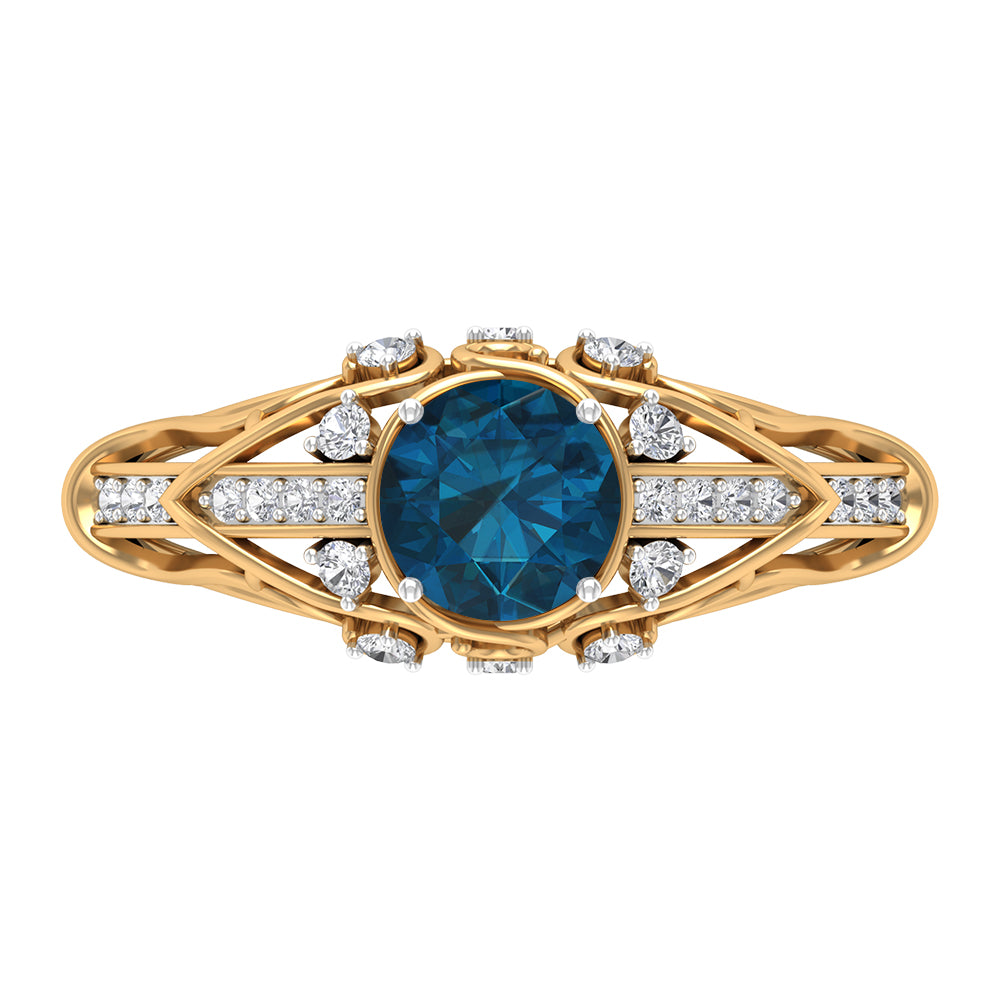 1 CT London Blue Topaz Solitaire and Diamond Vintage Ring London Blue Topaz - ( AAA ) - Quality - Rosec Jewels