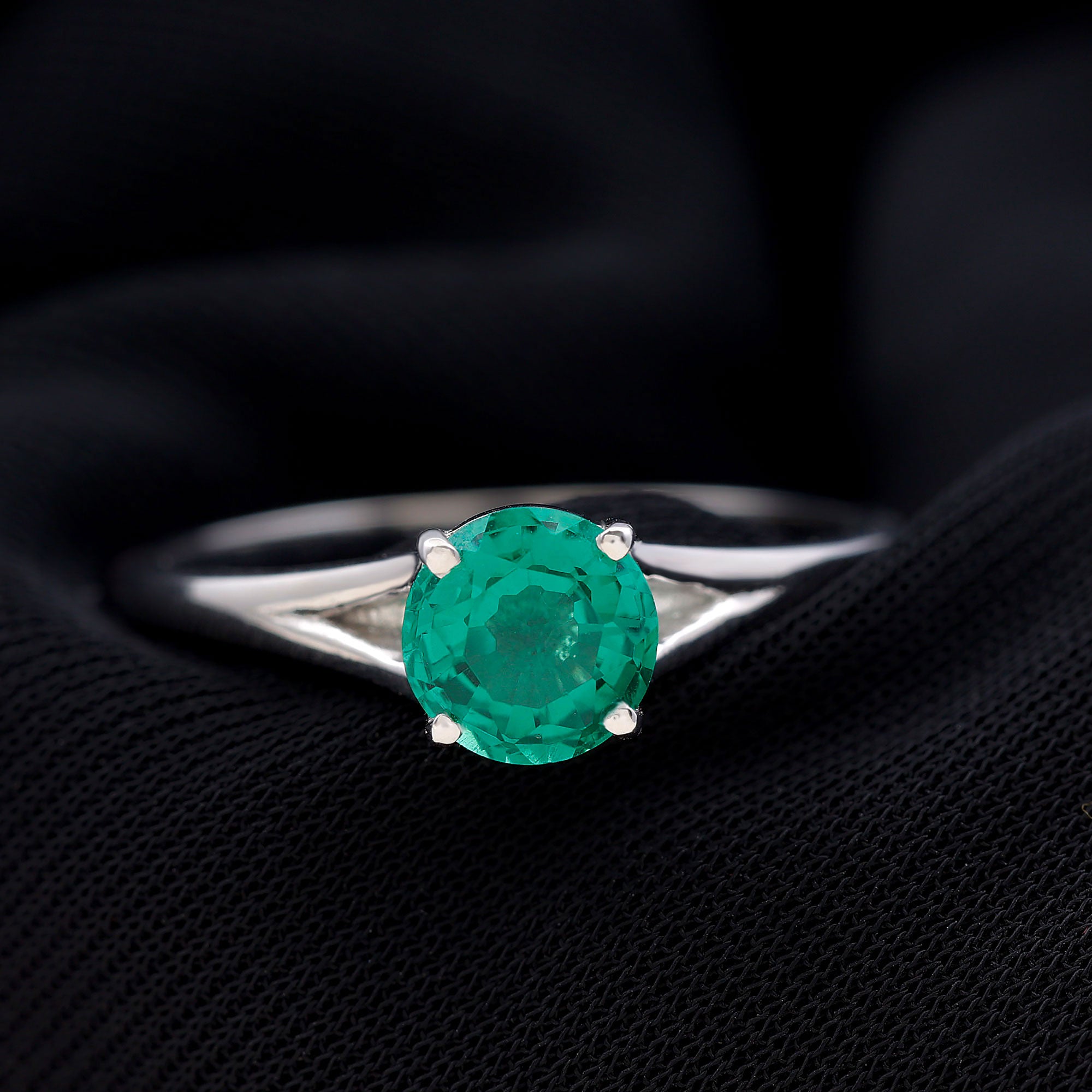 Round Lab Grown Emerald Solitaire Engagement Ring in Split Shank Lab Created Emerald - ( AAAA ) - Quality - Rosec Jewels