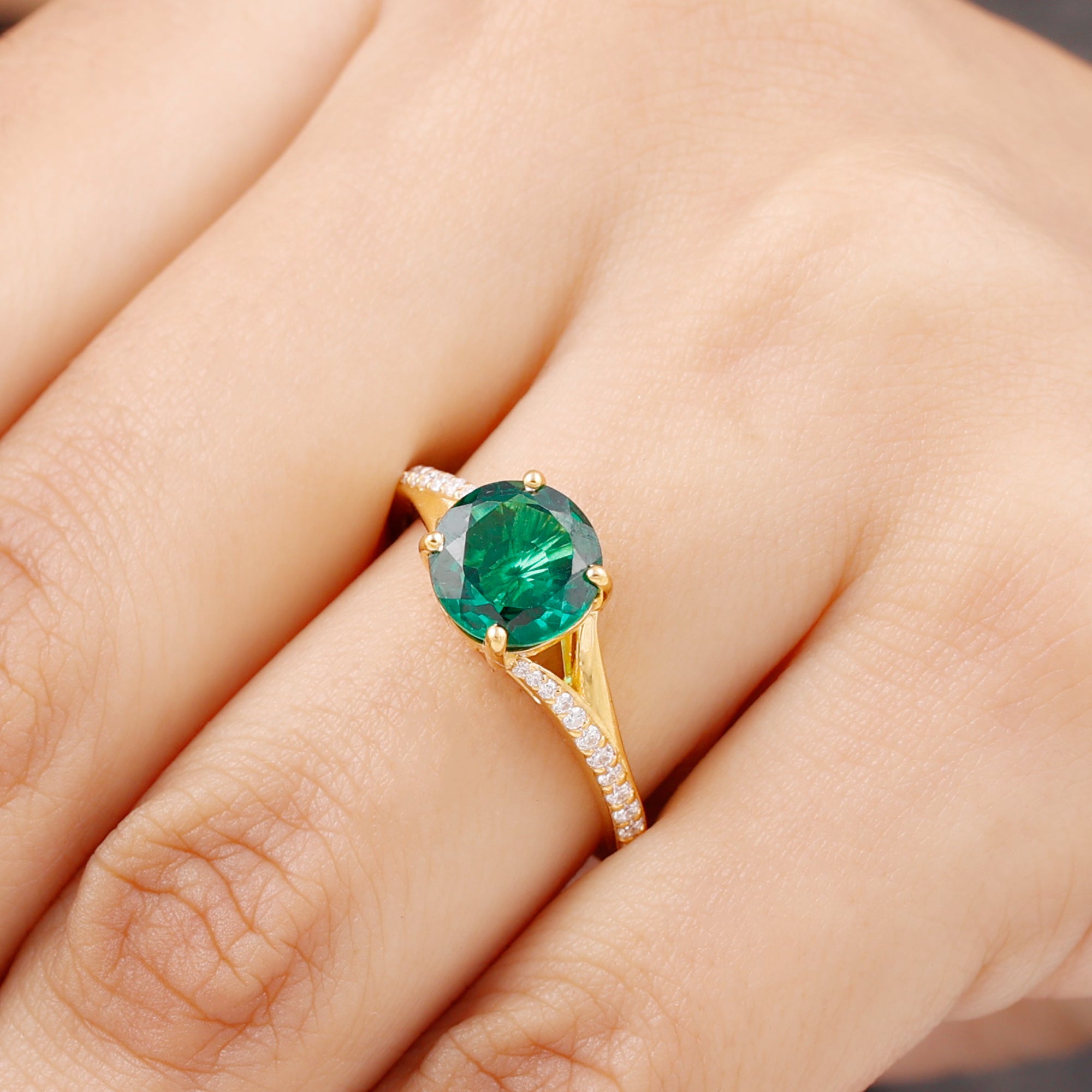 Split Shank Created Emerald Solitaire Ring with Diamond Lab Created Emerald - ( AAAA ) - Quality - Rosec Jewels