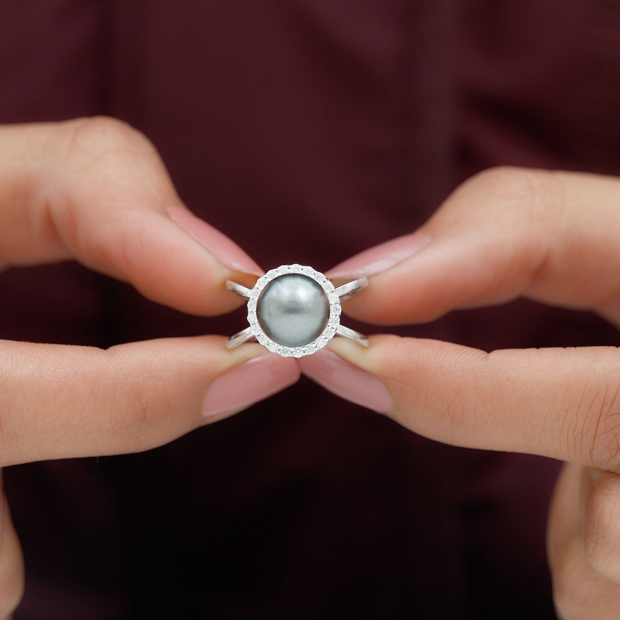 Tahitian Pearl and Diamond Halo Engagement Ring in Criss Cross Shank Tahitian pearl - ( AAA ) - Quality - Rosec Jewels