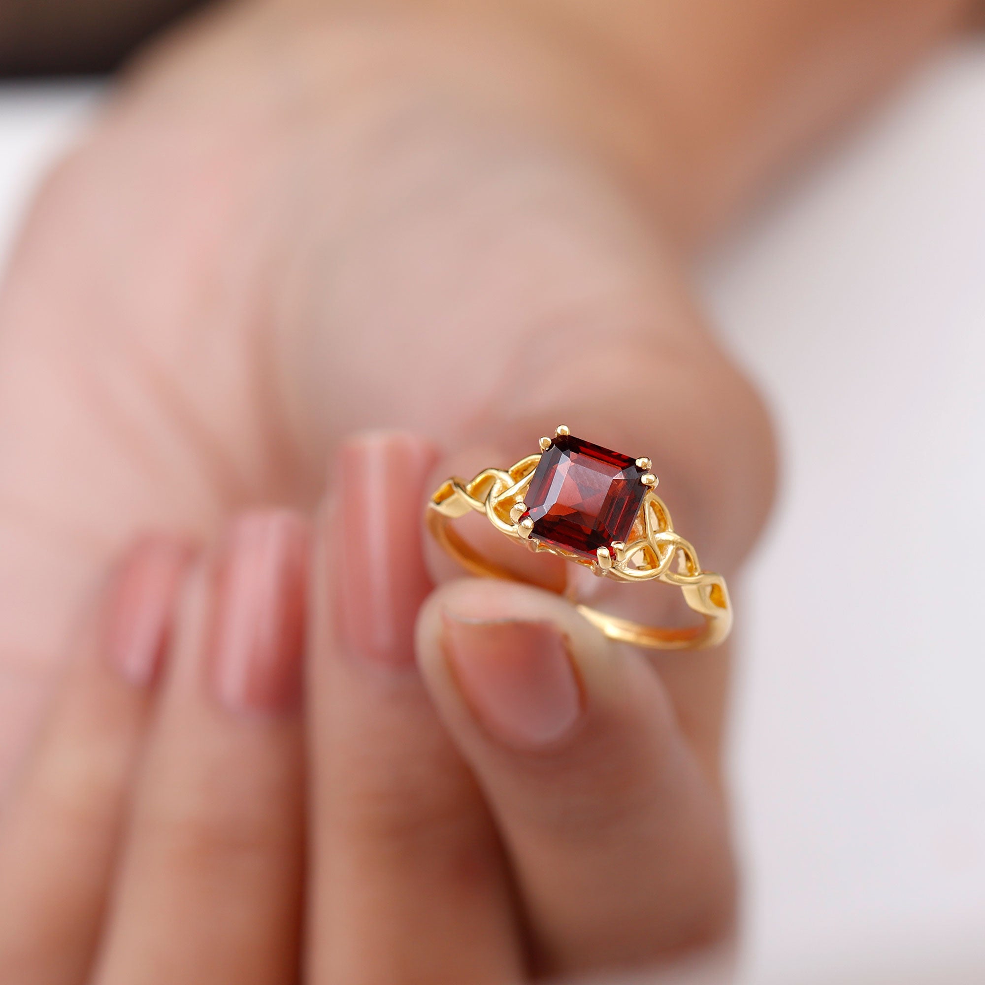 Asscher Cut Solitaire Garnet Celtic Knot Ring in Gold Garnet - ( AAA ) - Quality - Rosec Jewels