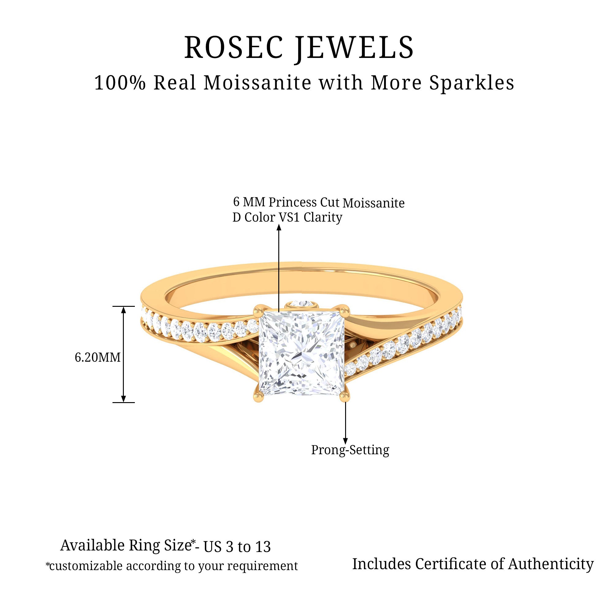 Princess Cut Certified Moissanite Solitaire Split Shank Engagement Ring Moissanite - ( D-VS1 ) - Color and Clarity - Rosec Jewels