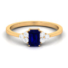 Emerald Cut Created Blue Sapphire Solitaire Ring with Diamond Trio Lab Created Blue Sapphire - ( AAAA ) - Quality - Rosec Jewels