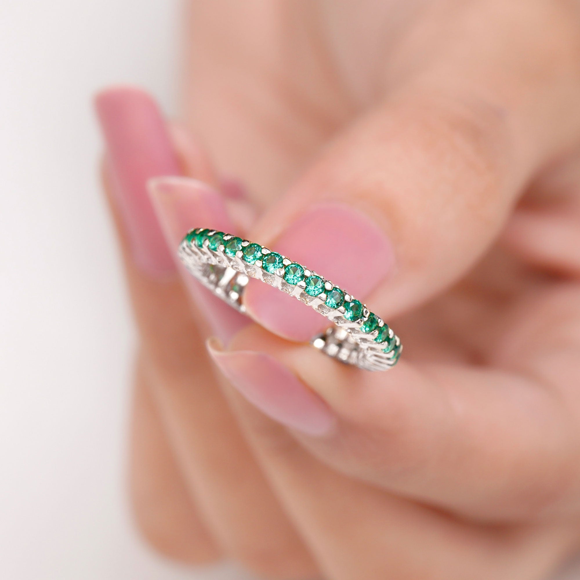 Minimal Lab Grown Emerald and Diamond Full Eternity Ring Lab Created Emerald - ( AAAA ) - Quality - Rosec Jewels