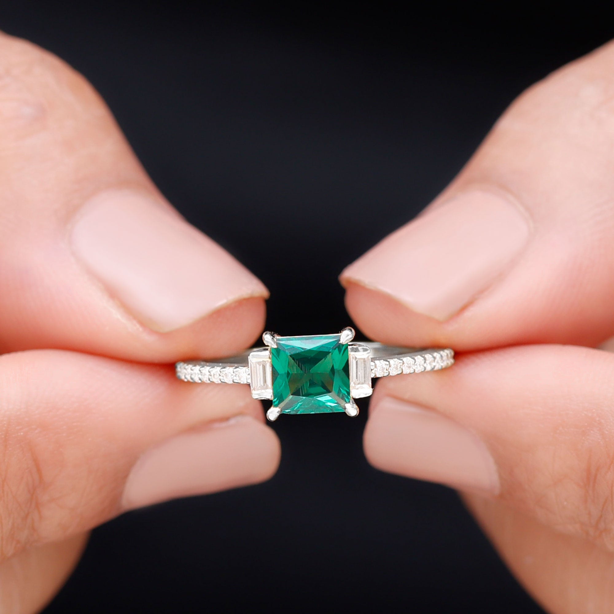 Princess Cut Created Emerald Solitaire Engagement Ring Lab Created Emerald - ( AAAA ) - Quality - Rosec Jewels