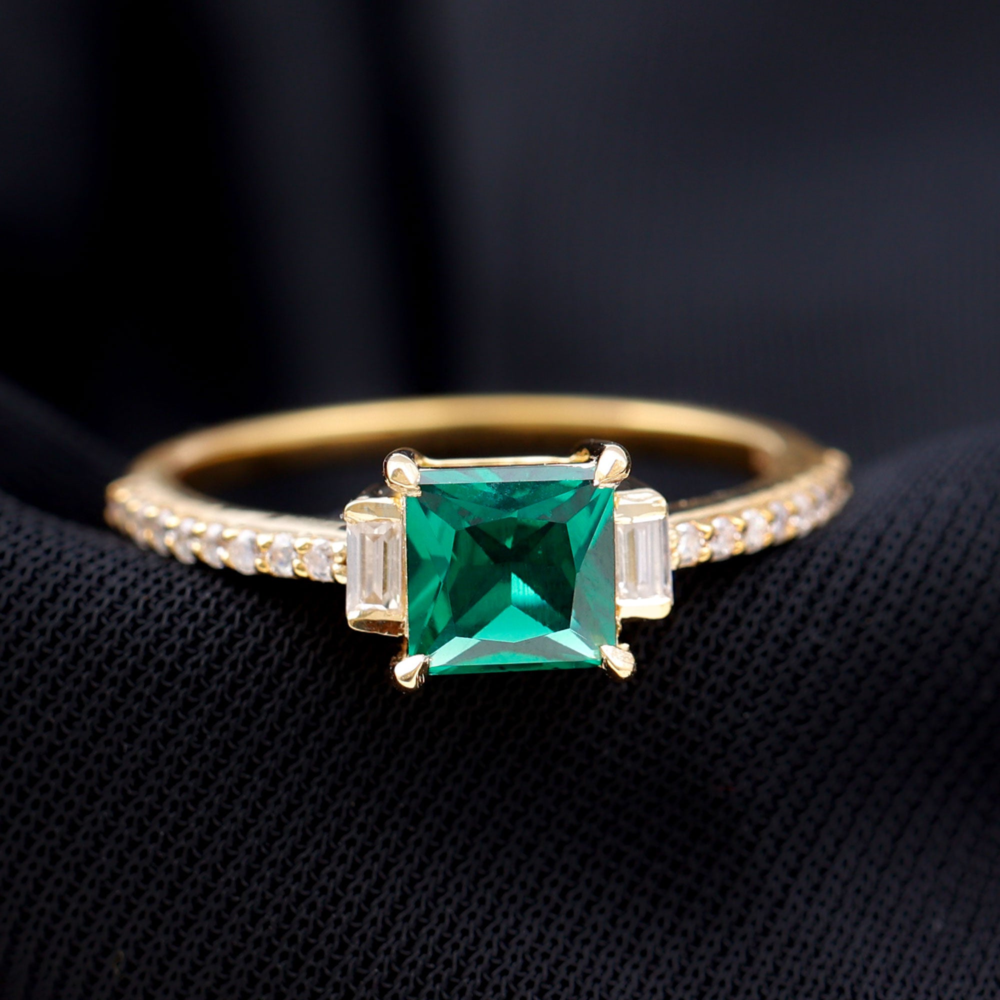 Princess Cut Created Emerald Solitaire Engagement Ring Lab Created Emerald - ( AAAA ) - Quality - Rosec Jewels