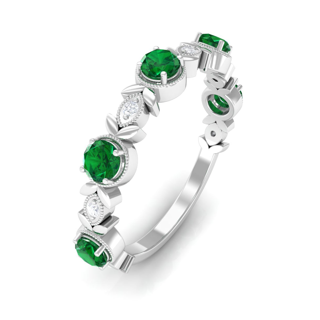 Floral Inspired Lab Grown Emerald and Diamond Half Eternity Ring Lab Created Emerald - ( AAAA ) - Quality - Rosec Jewels