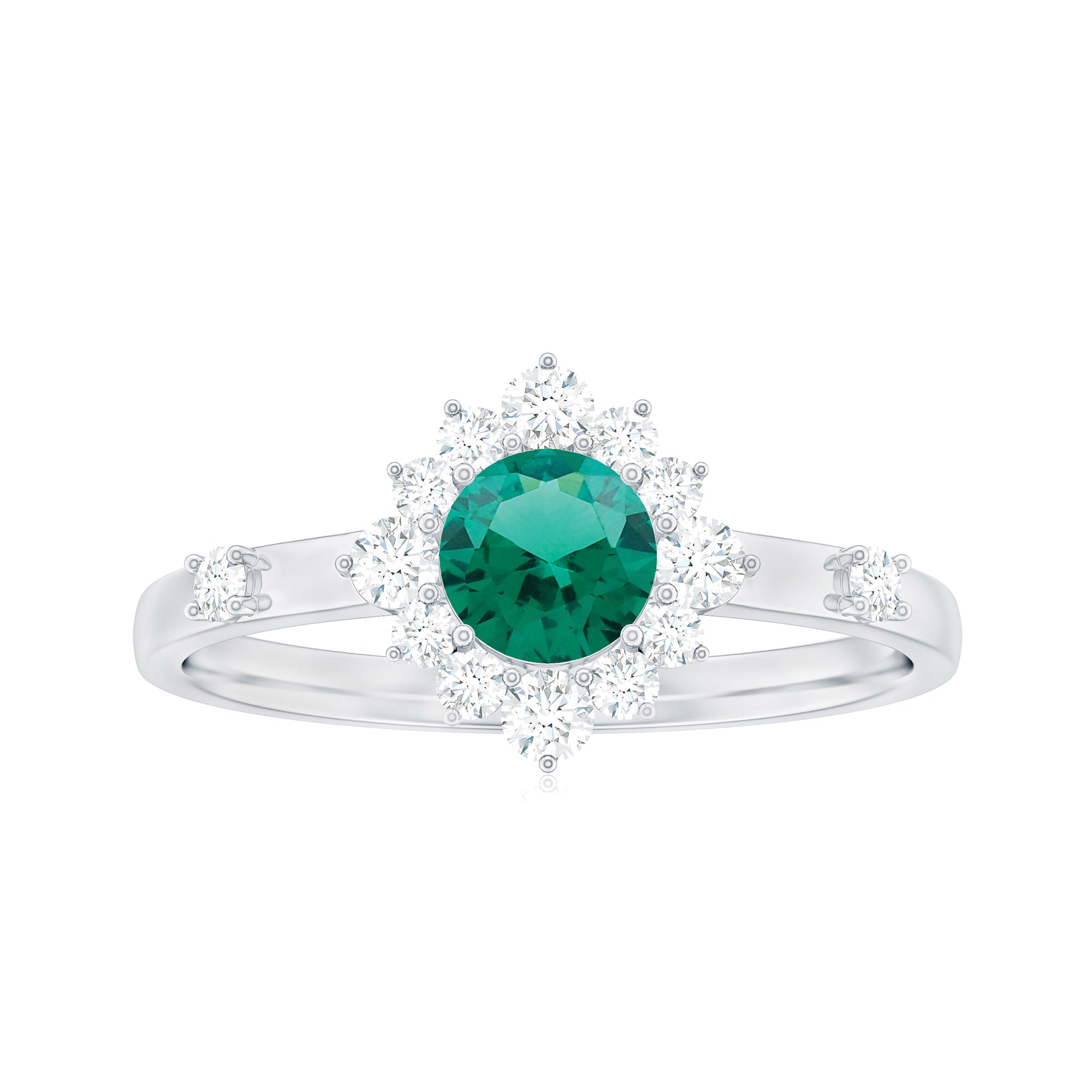 1 CT Round Created Emerald Classic Halo Engagement Ring with Diamond Lab Created Emerald - ( AAAA ) - Quality - Rosec Jewels