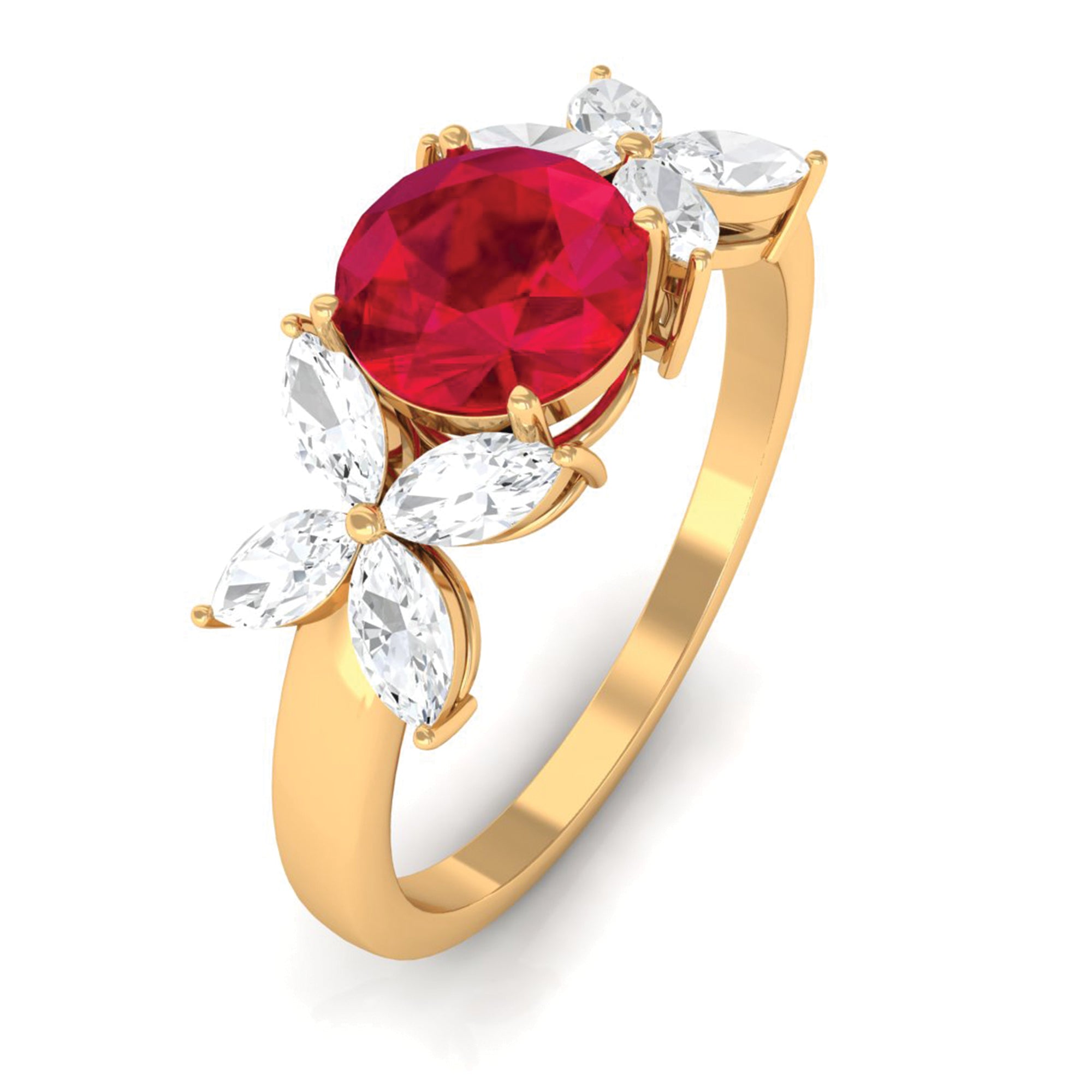 Round Created Ruby Floral Engagement Ring with Moissanite Accent Lab Created Ruby - ( AAAA ) - Quality - Rosec Jewels