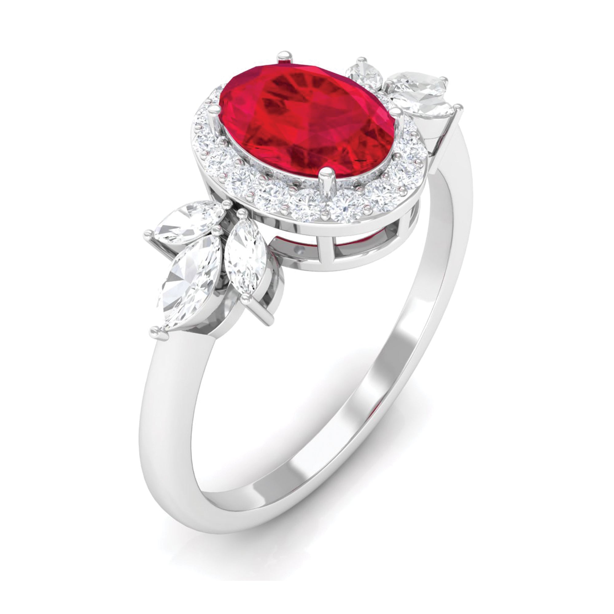 Oval Cut Lab-Created Ruby Statement Engagement Ring with Diamond Lab Created Ruby - ( AAAA ) - Quality - Rosec Jewels