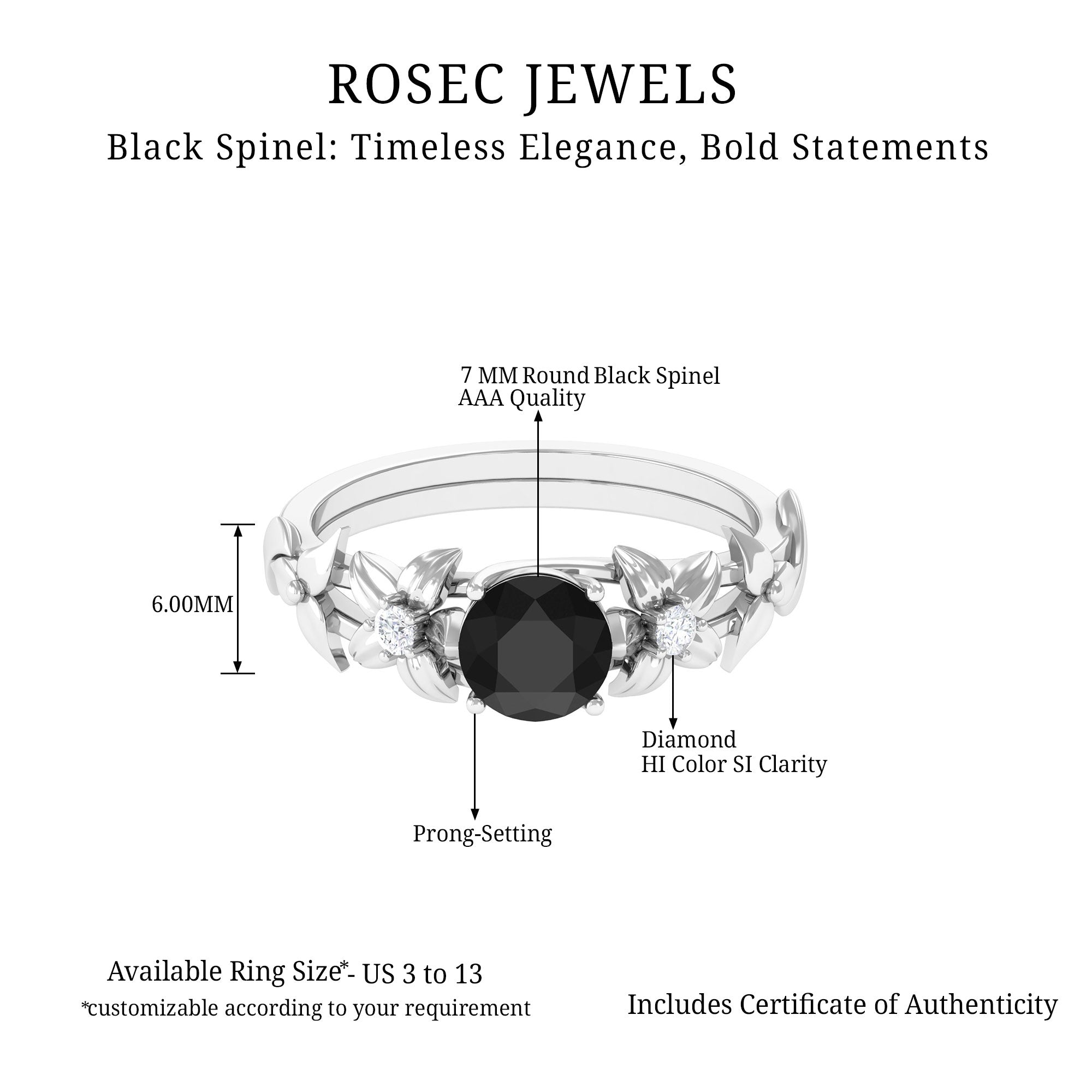 Black Spinel Floral Solitaire Ring with Diamond Black Spinel - ( AAA ) - Quality - Rosec Jewels