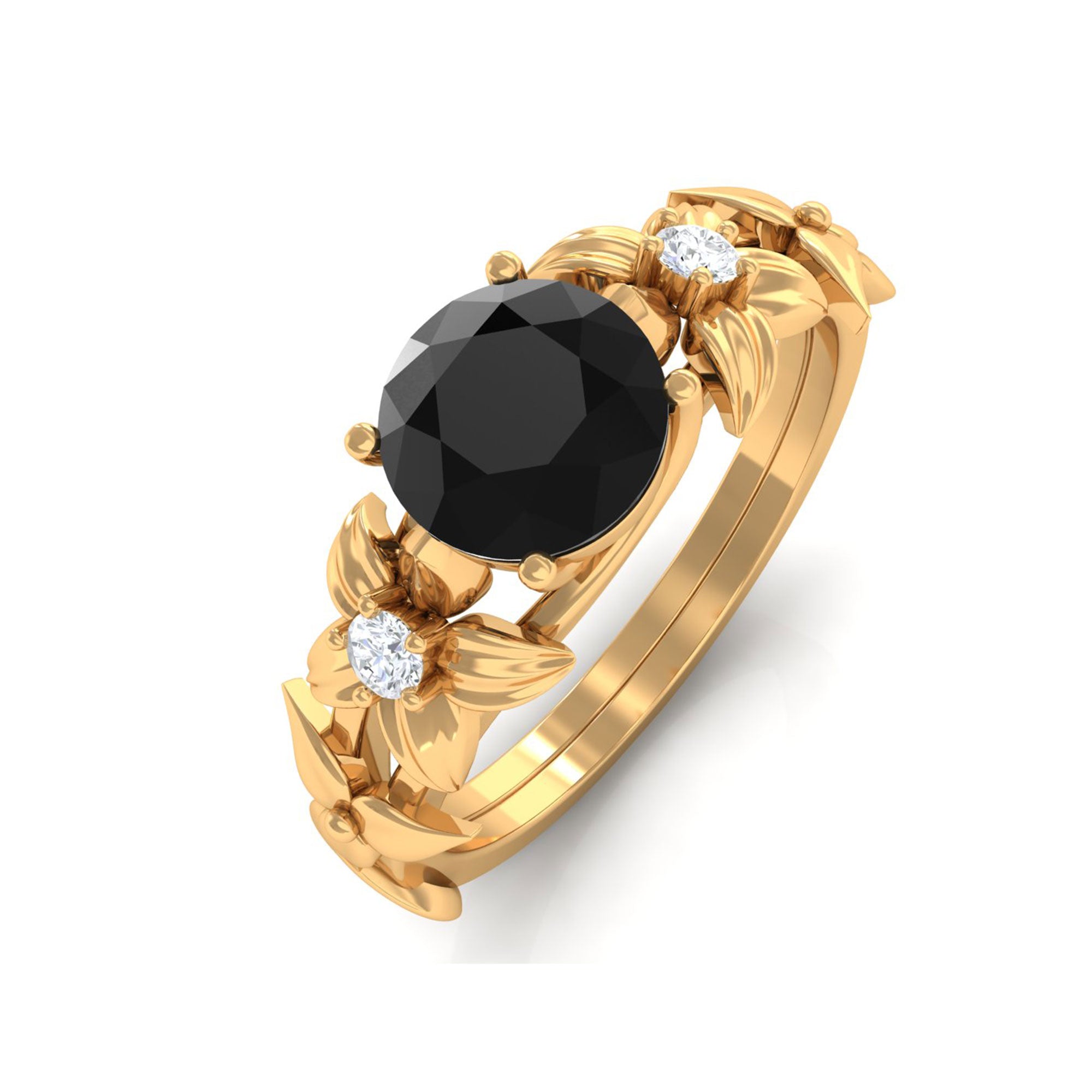 Black Spinel Floral Solitaire Ring with Diamond Black Spinel - ( AAA ) - Quality - Rosec Jewels